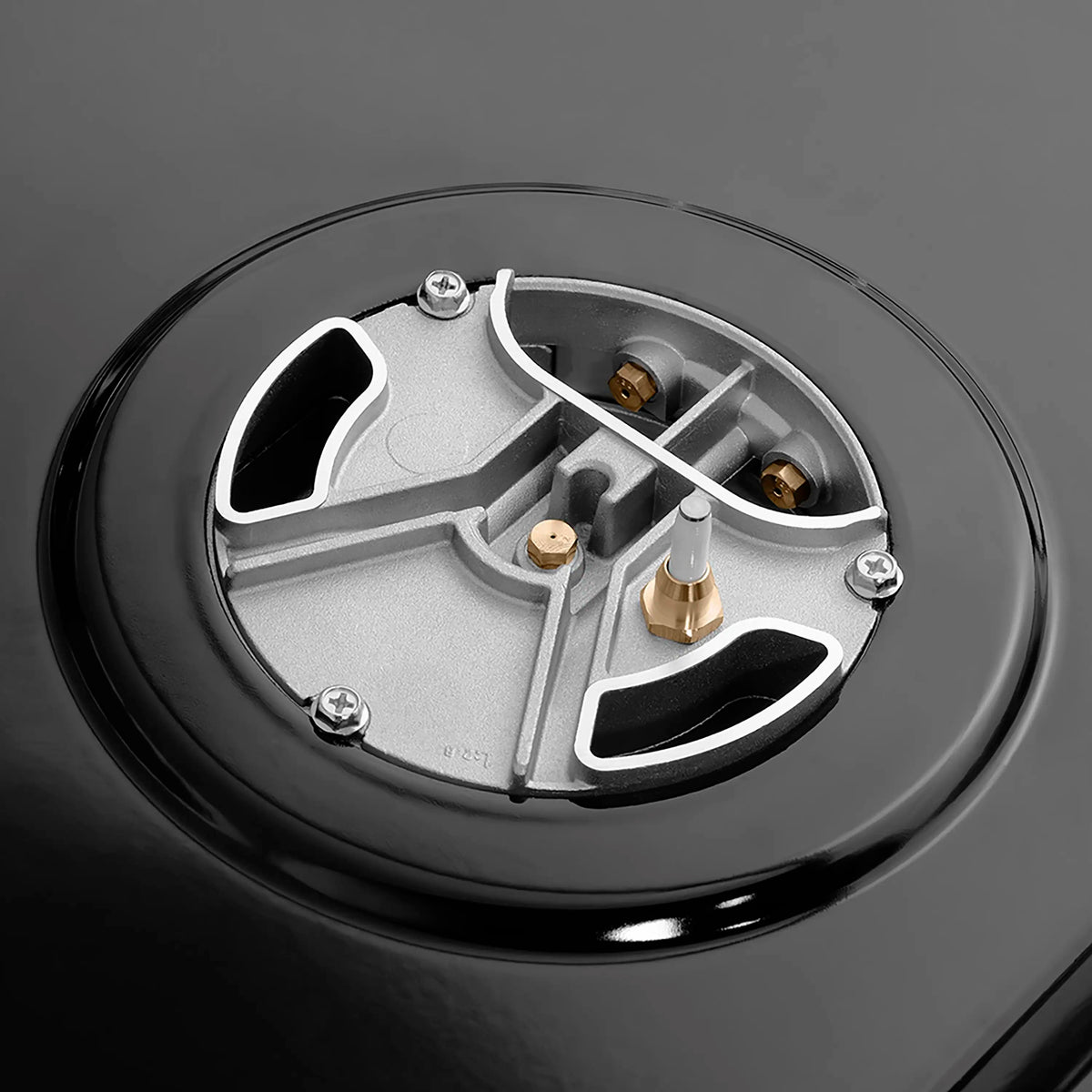Gas rangetop burner with satin stainless burner head and matte black cap
