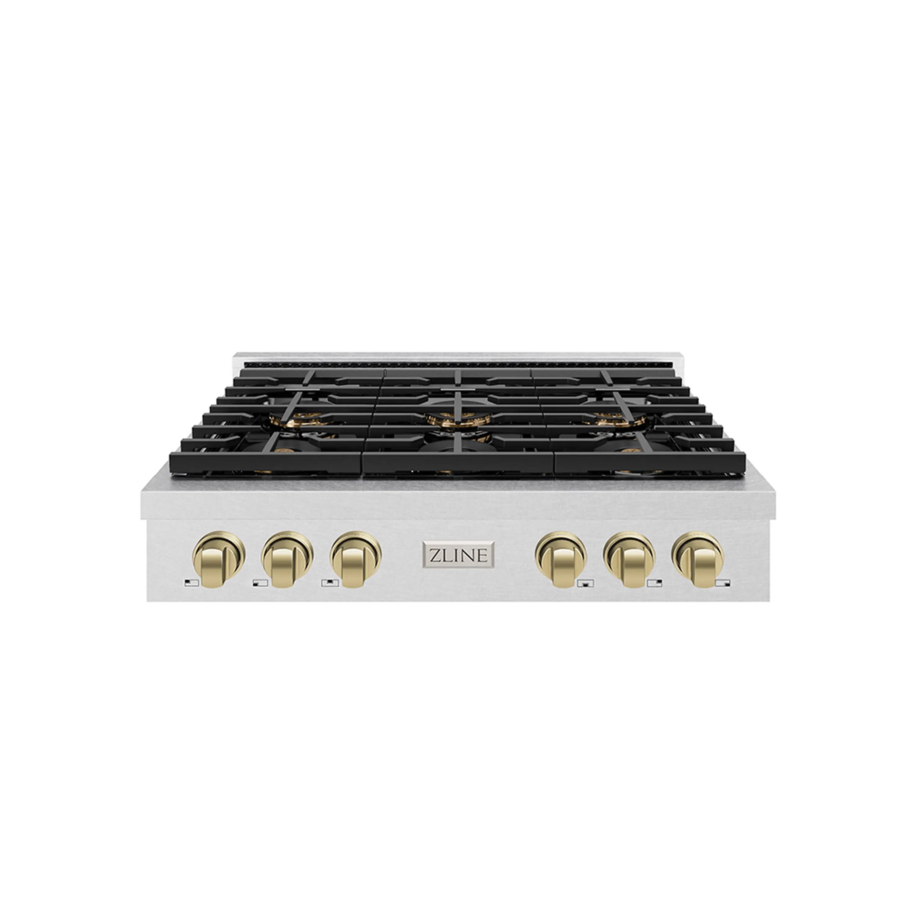Front view of 36-inch 6-burner gas rangetop with satin stainless and bronze knobs