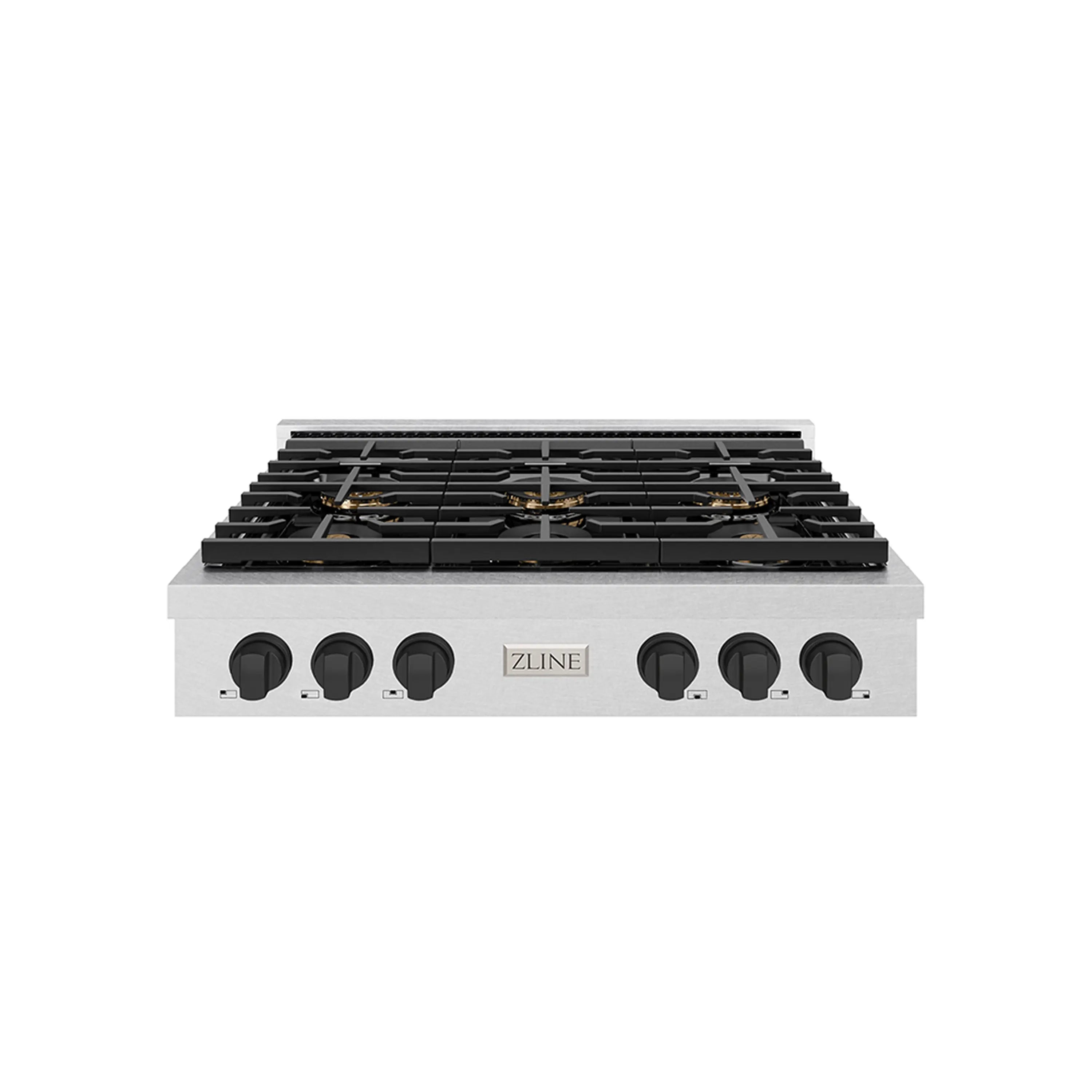 36-inch stainless gas rangetop with black grates and black control knobs
