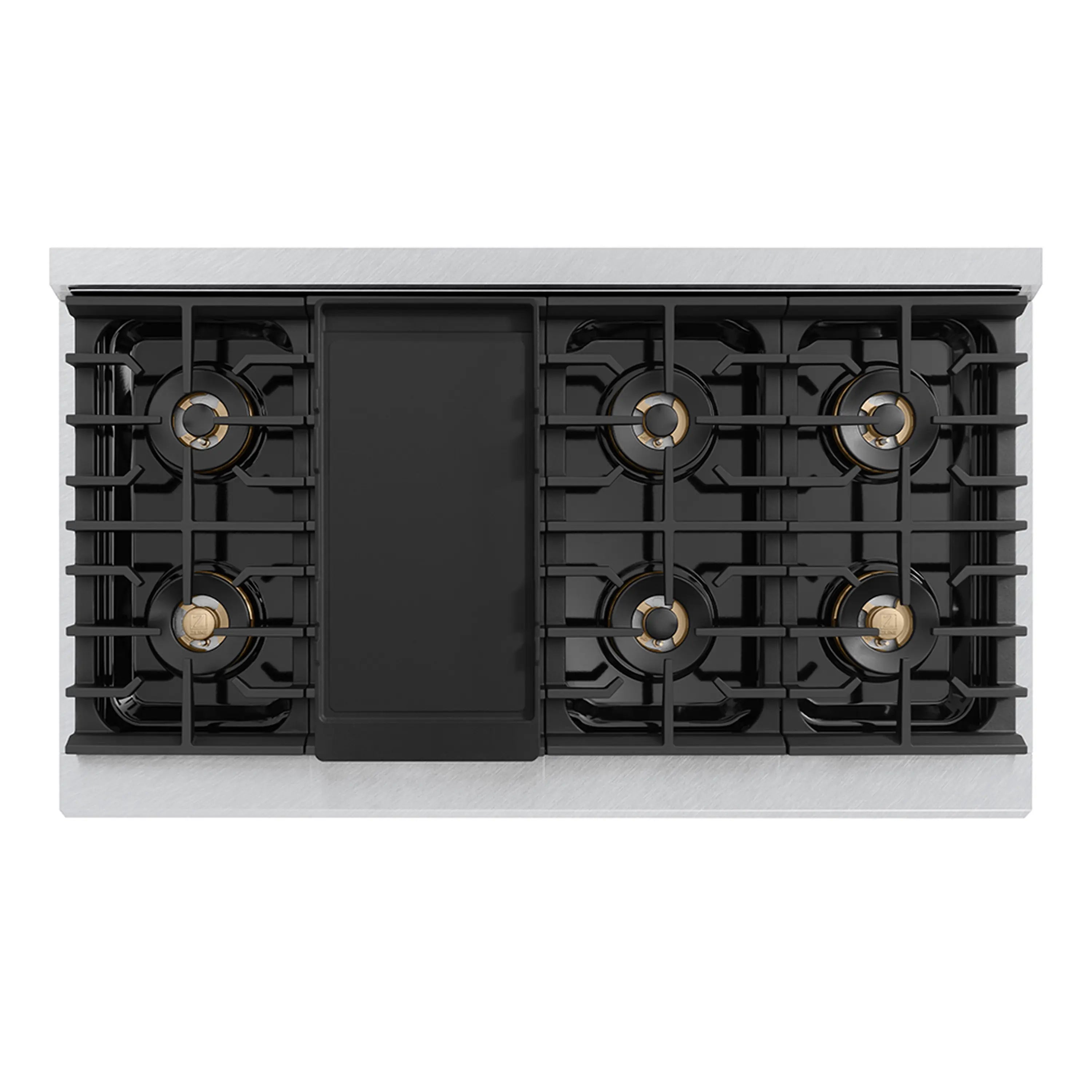 Gas rangetop with black cast-iron grates and center black griddle panel