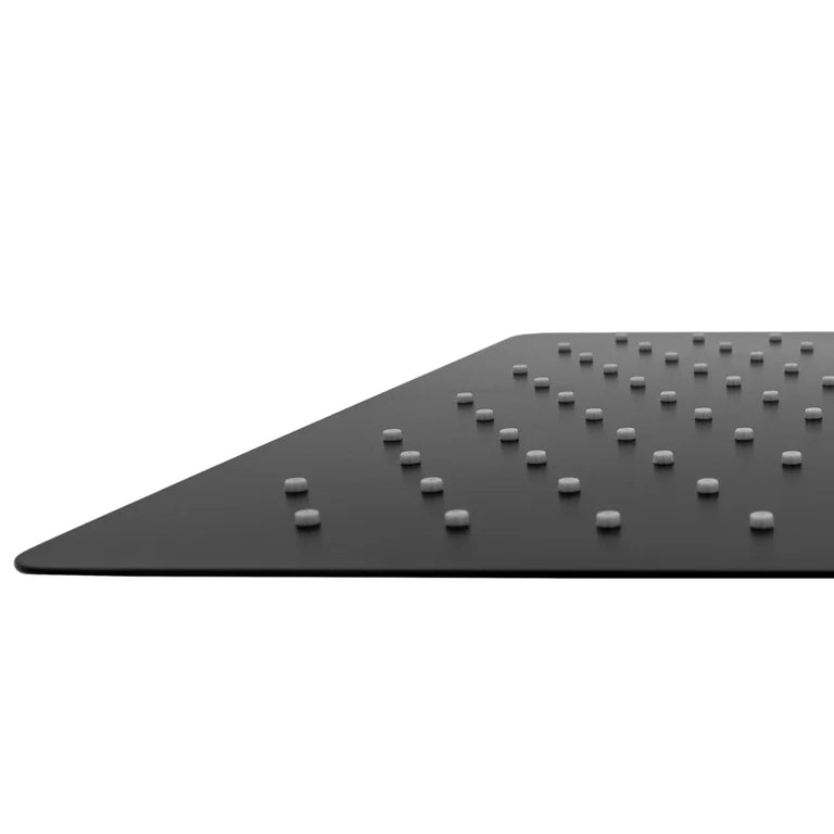 Angled view of 8-inch matte black shower head spray nozzle holes