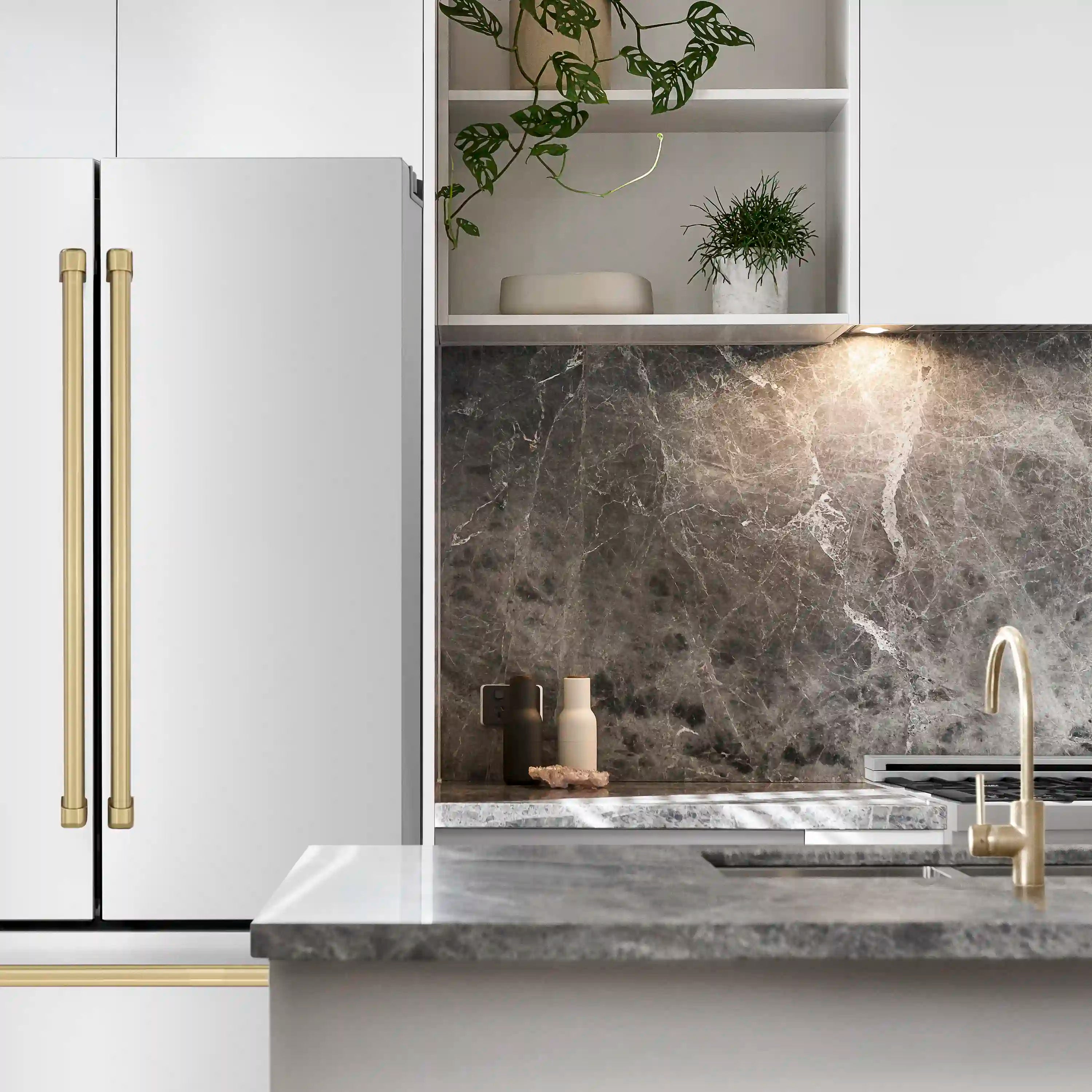 Freestanding French door refrigerator, stainless steel with champagne bronze trim and handles