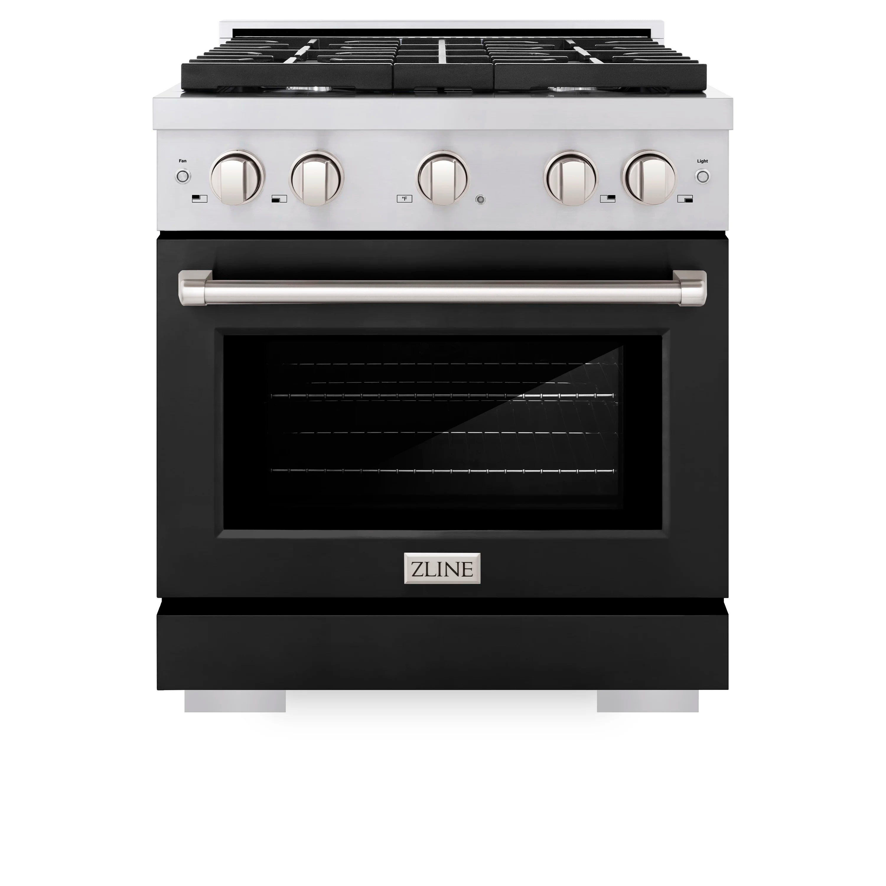 Dual fuel range front view with stainless control panel and black matte oven door