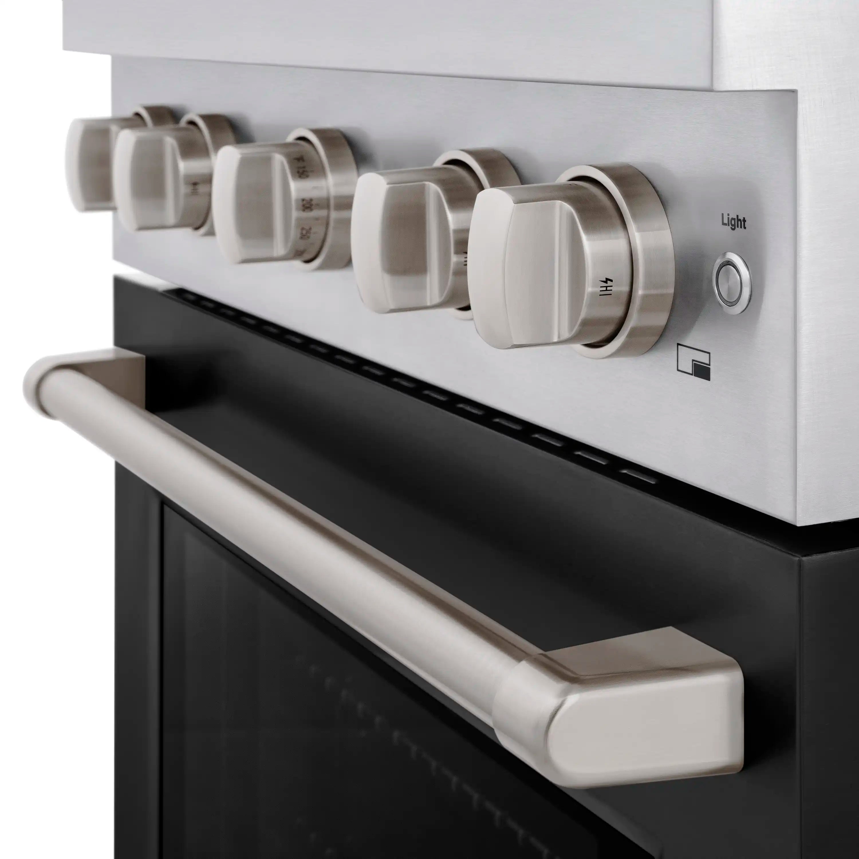 Stainless control panel with white knob handles and oven light switch on range