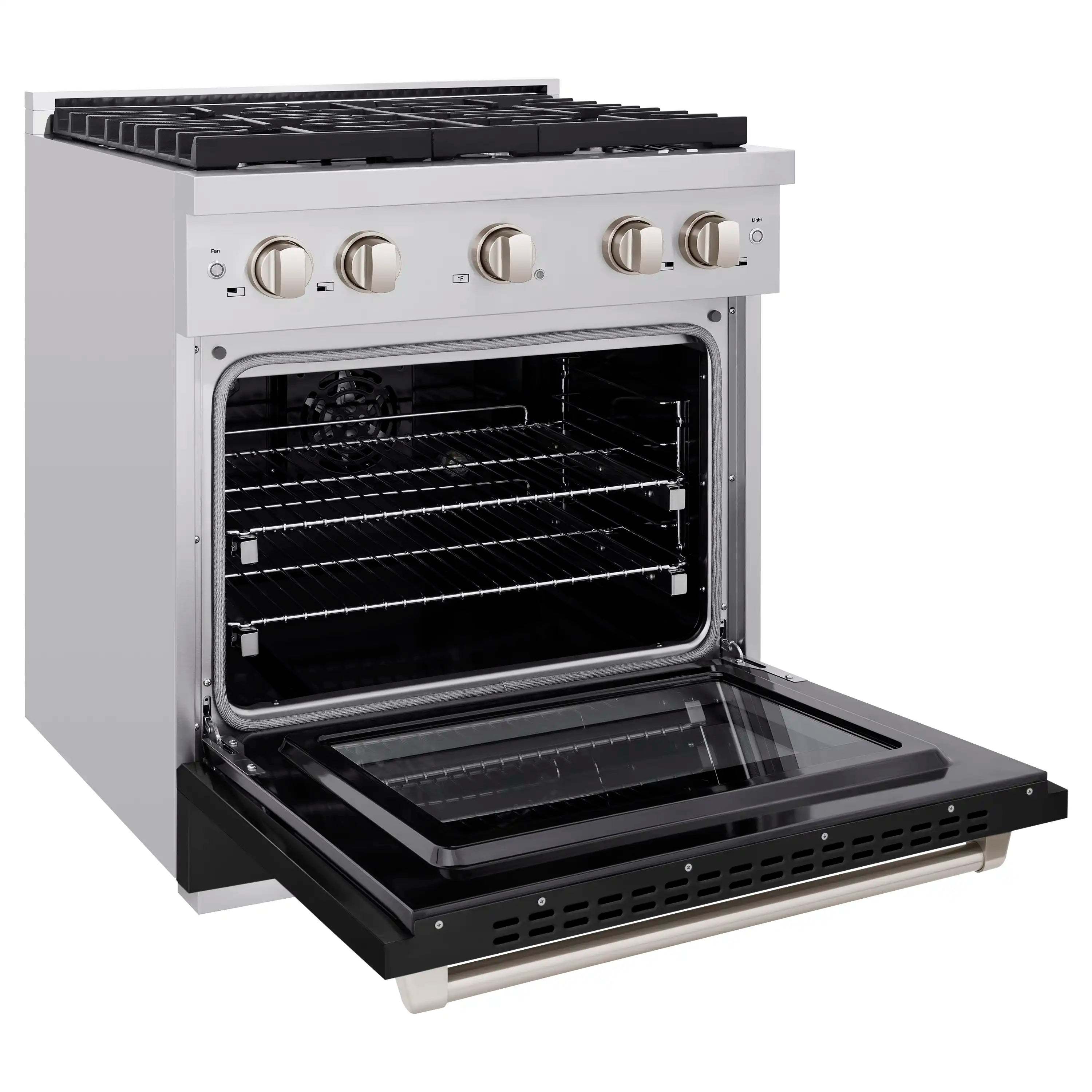 Stainless dual-fuel range with open electric convection oven door and pull-out bake tray