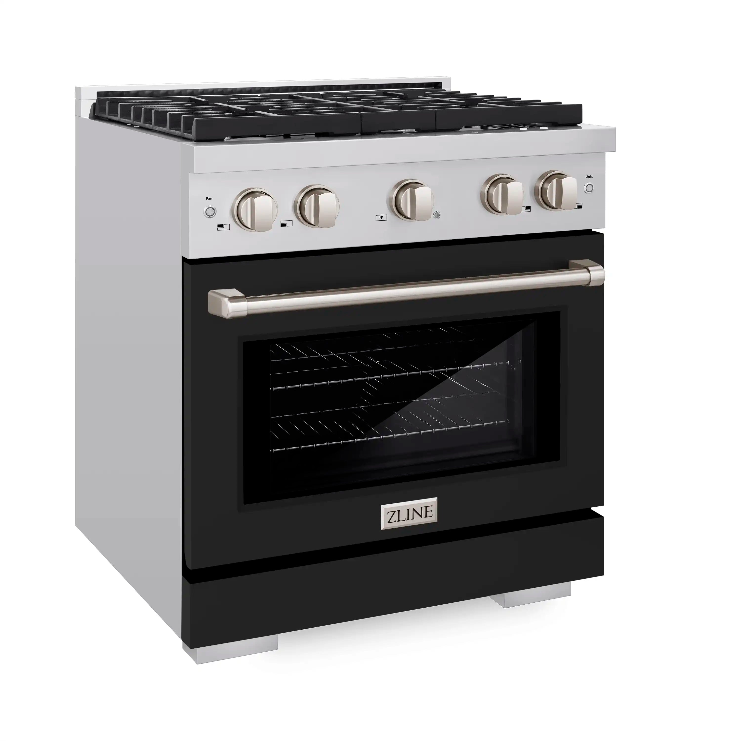 Stainless dual fuel range with four-burner cooktop and black matte oven door