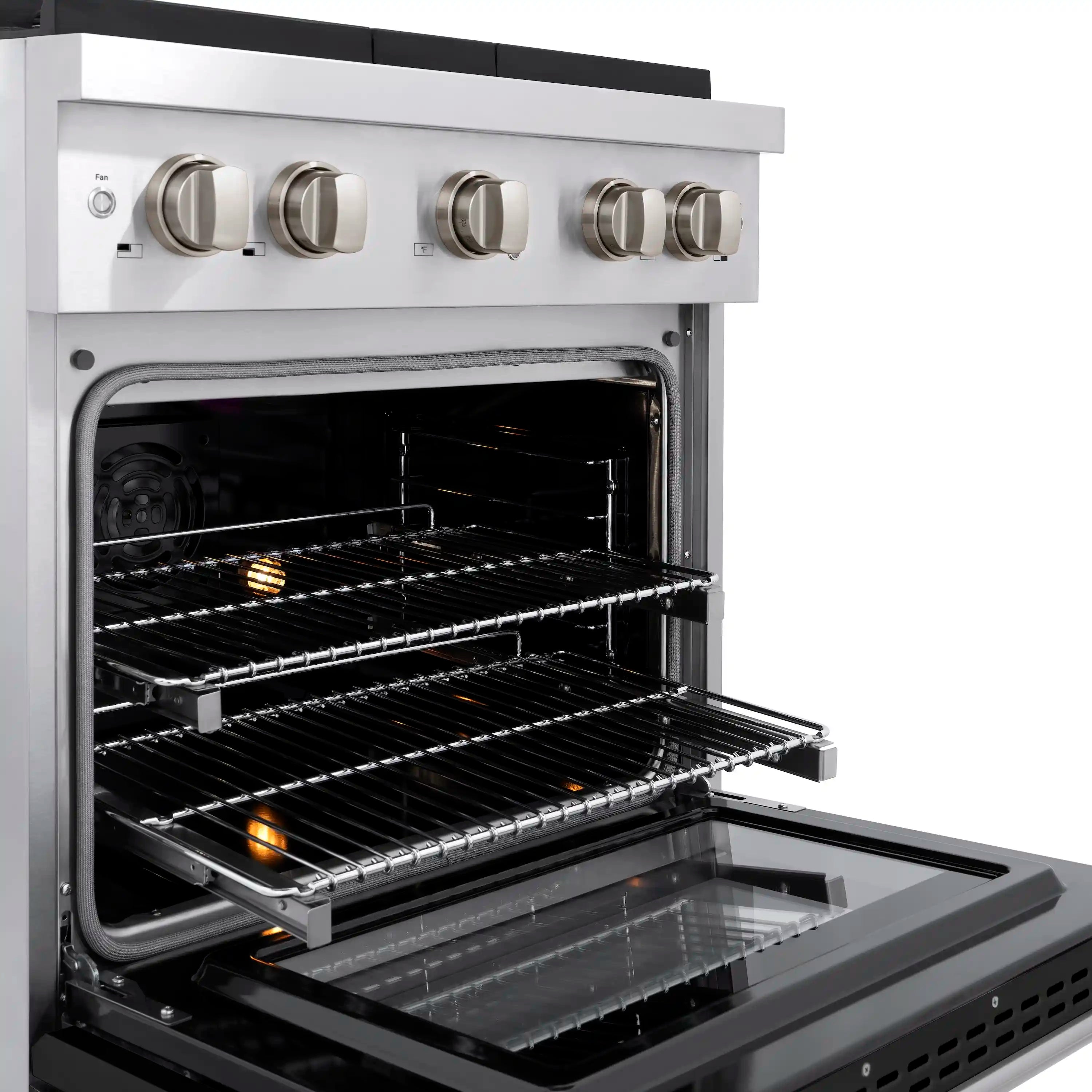 Electric convection oven interior with black racks and heated bake surface, front open