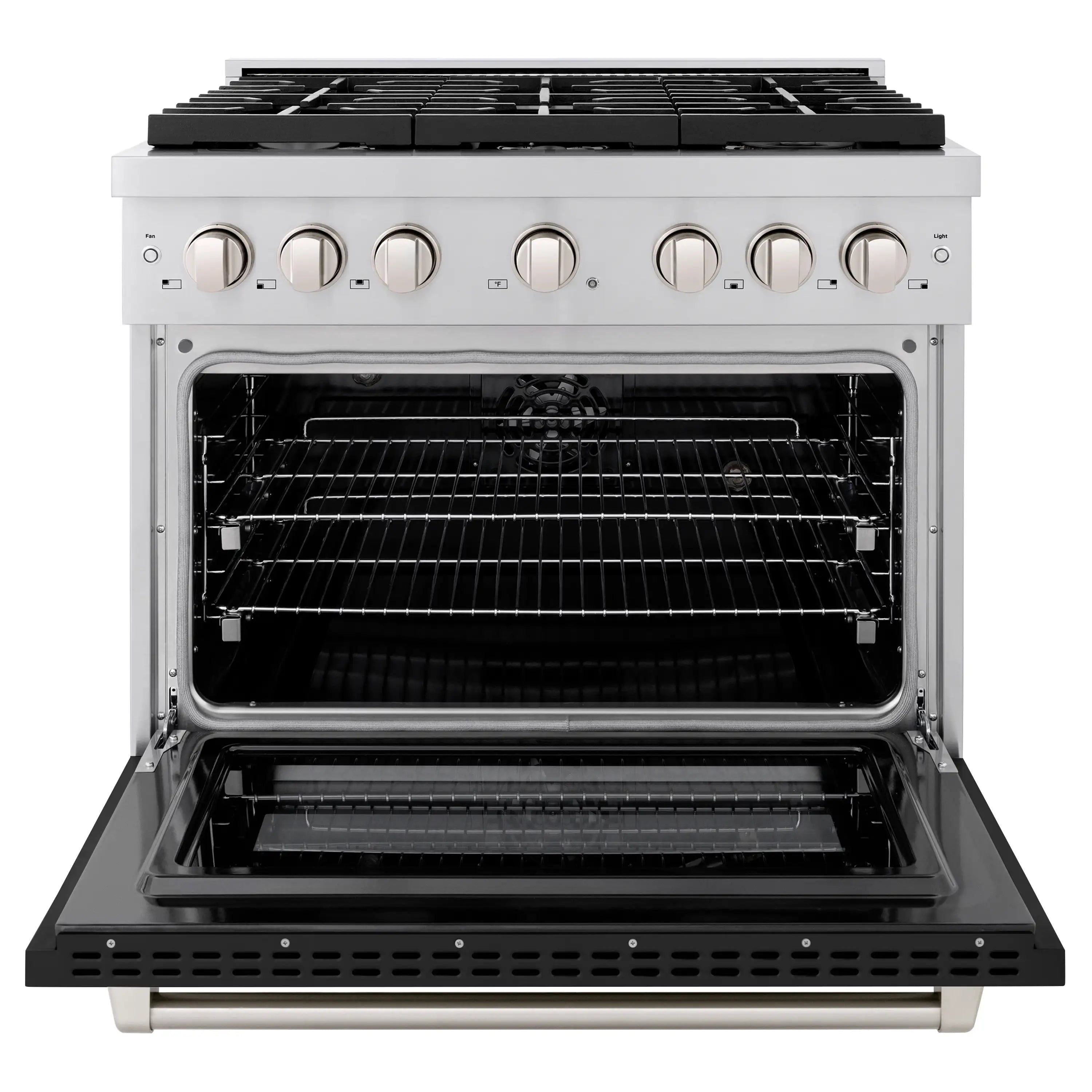 Dual fuel range with open oven door showing wire racks and interior heating elements