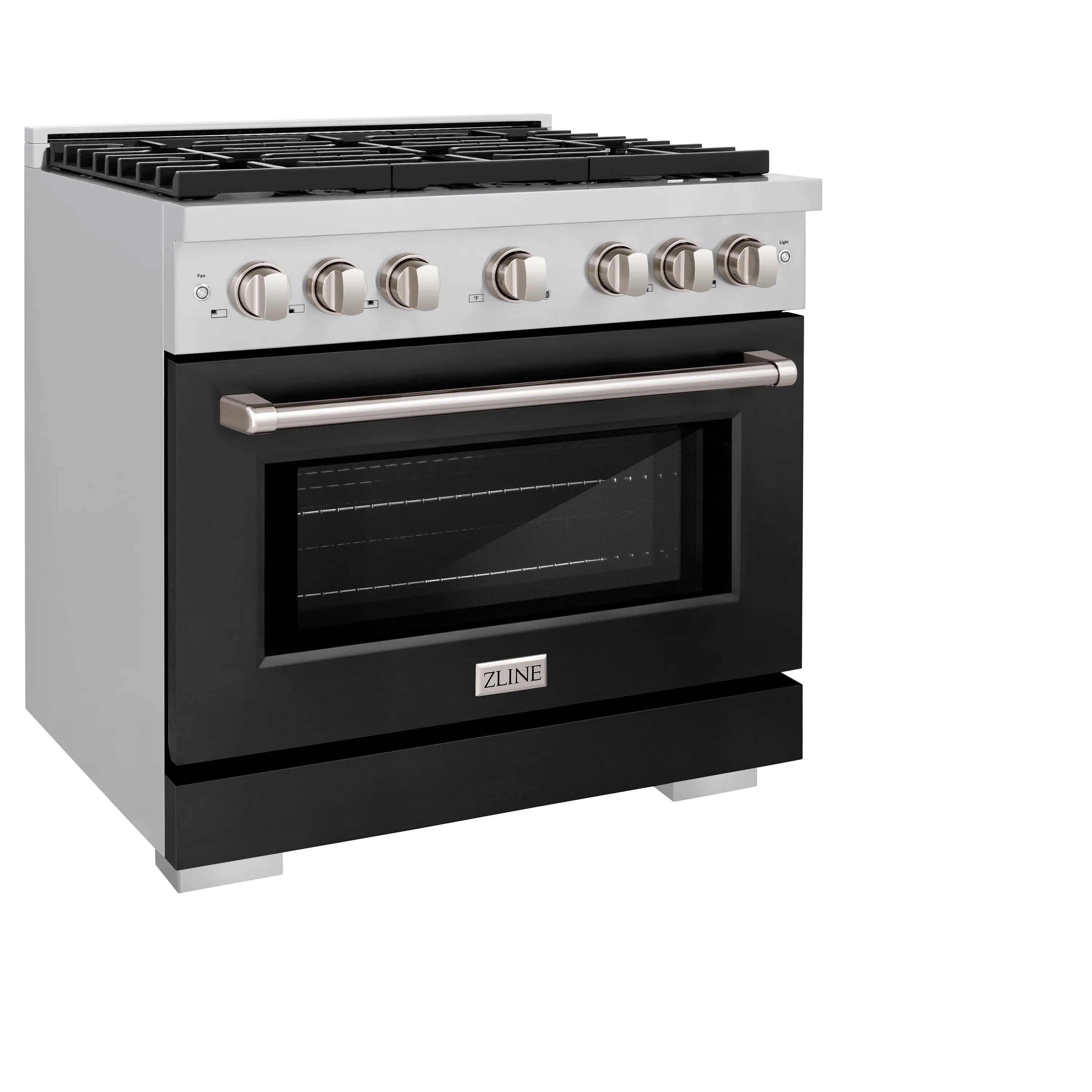 Stainless steel and black dual fuel range with cooktop, knobs, and oven door