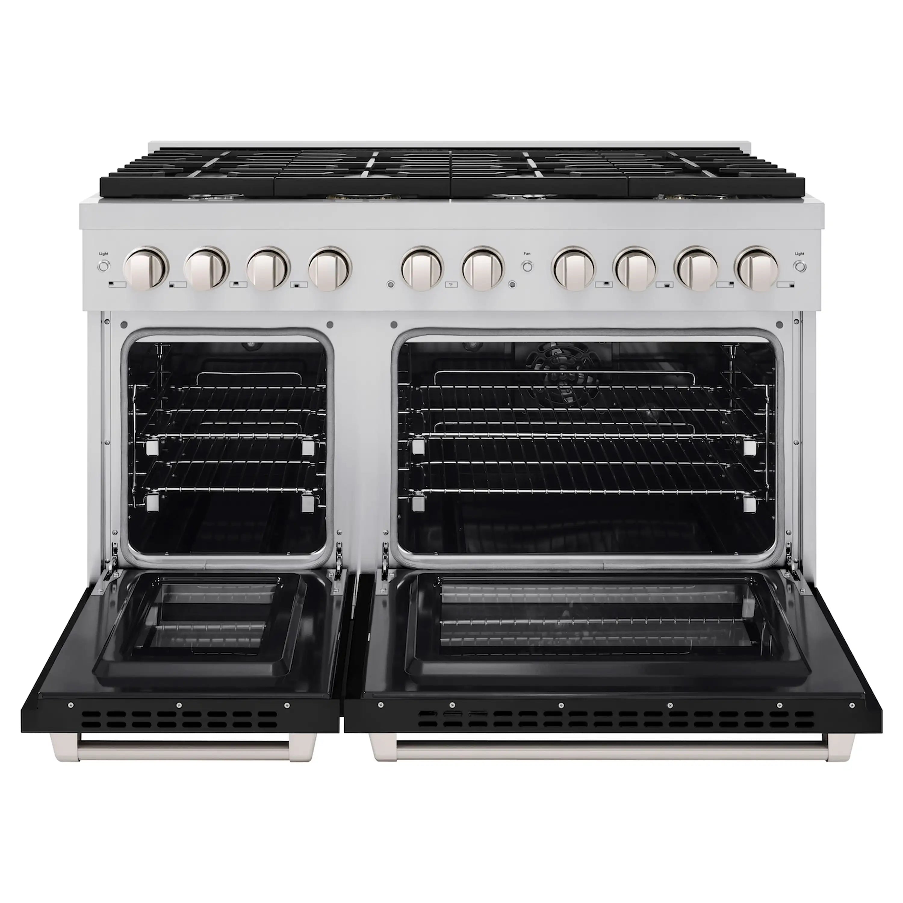 Open stainless dual-fuel range showing two oven cavities with racks and black doors