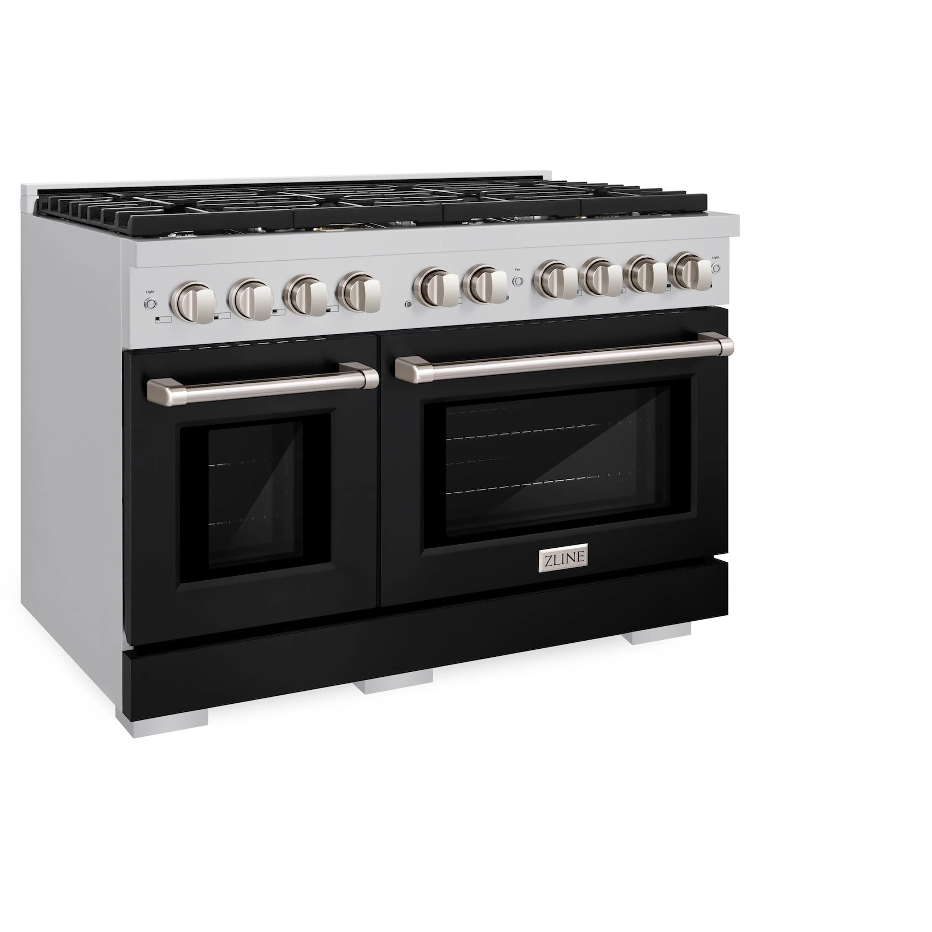 Stainless dual-fuel range with black matte double oven doors, knobs, and grate top