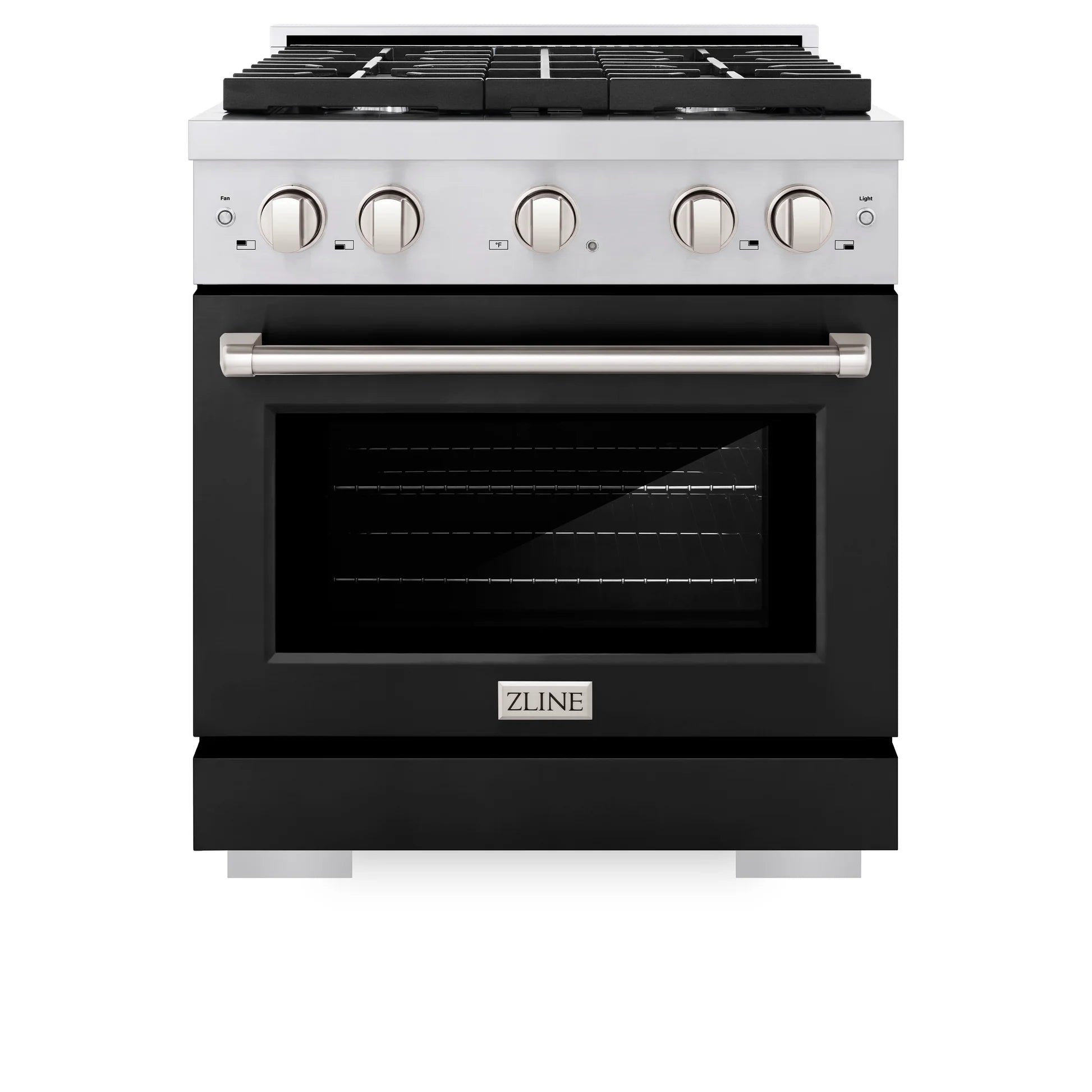 Stainless steel gas range front with four burner knobs and black glass oven door