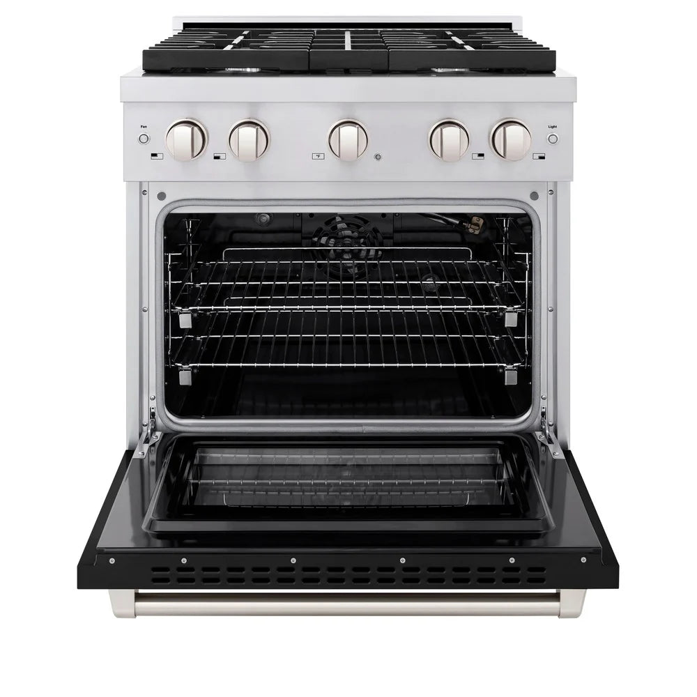 Gas range oven door open, showing black interior racks and wire oven shelf rails
