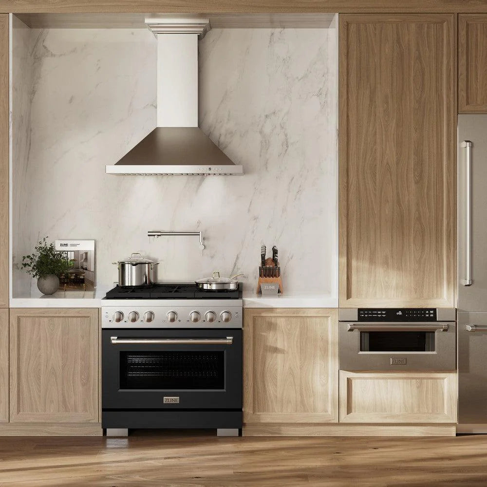 Stainless steel gas range with black matte door and 6-burner cooktop