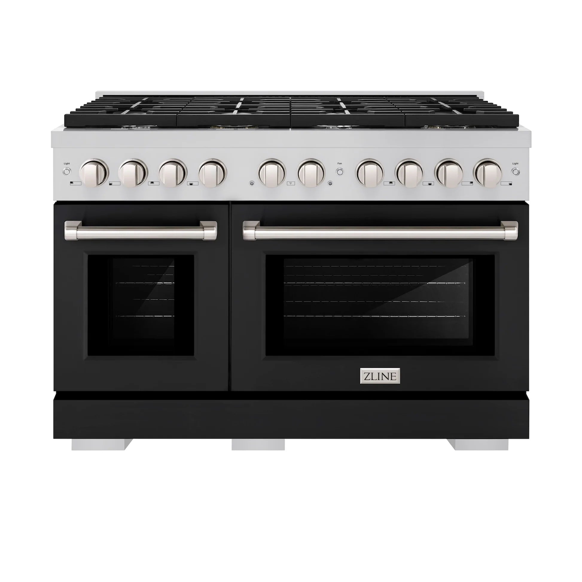 Stainless gas double oven range with black matte doors and top burner grates