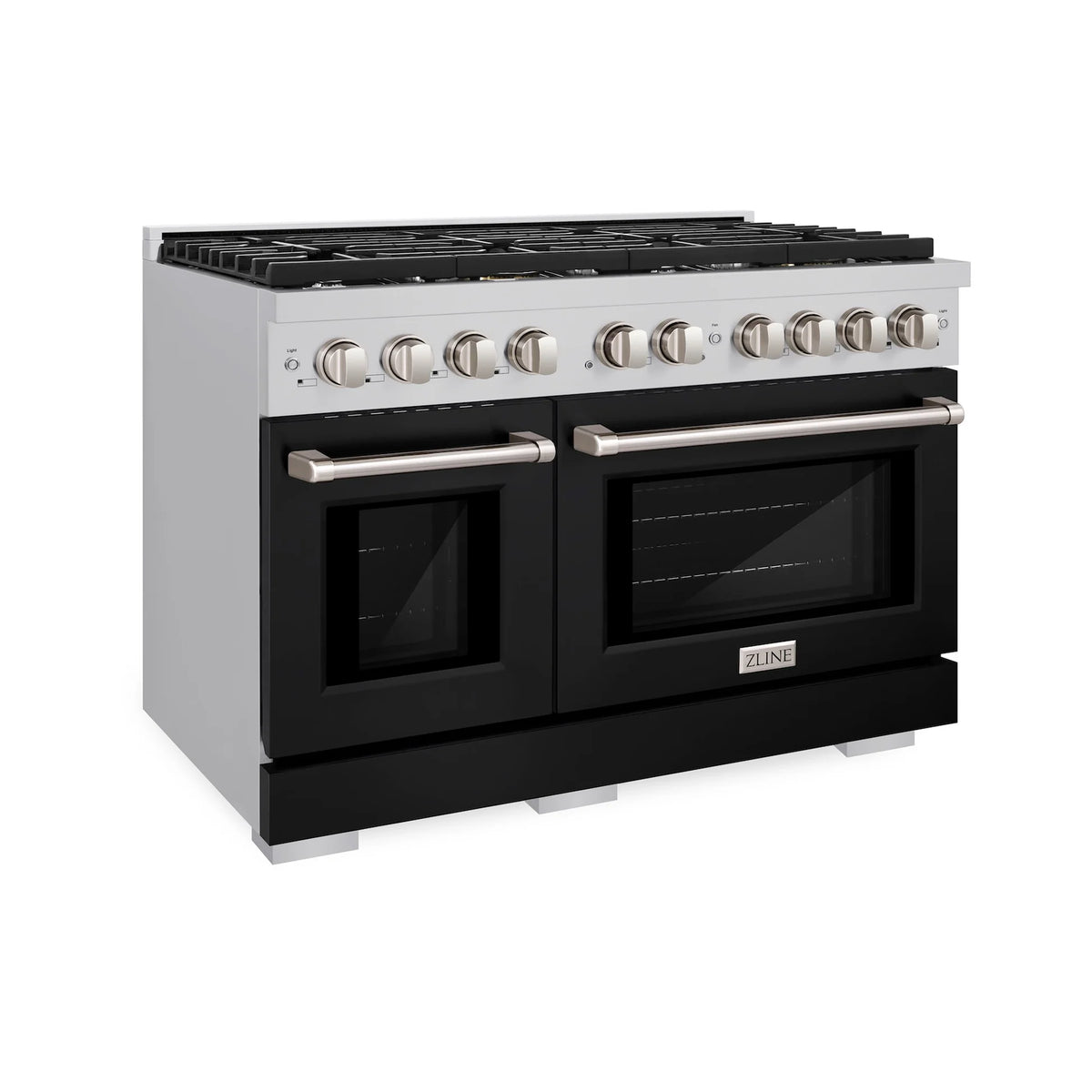 Stainless gas range front view with black double oven doors and knob panel