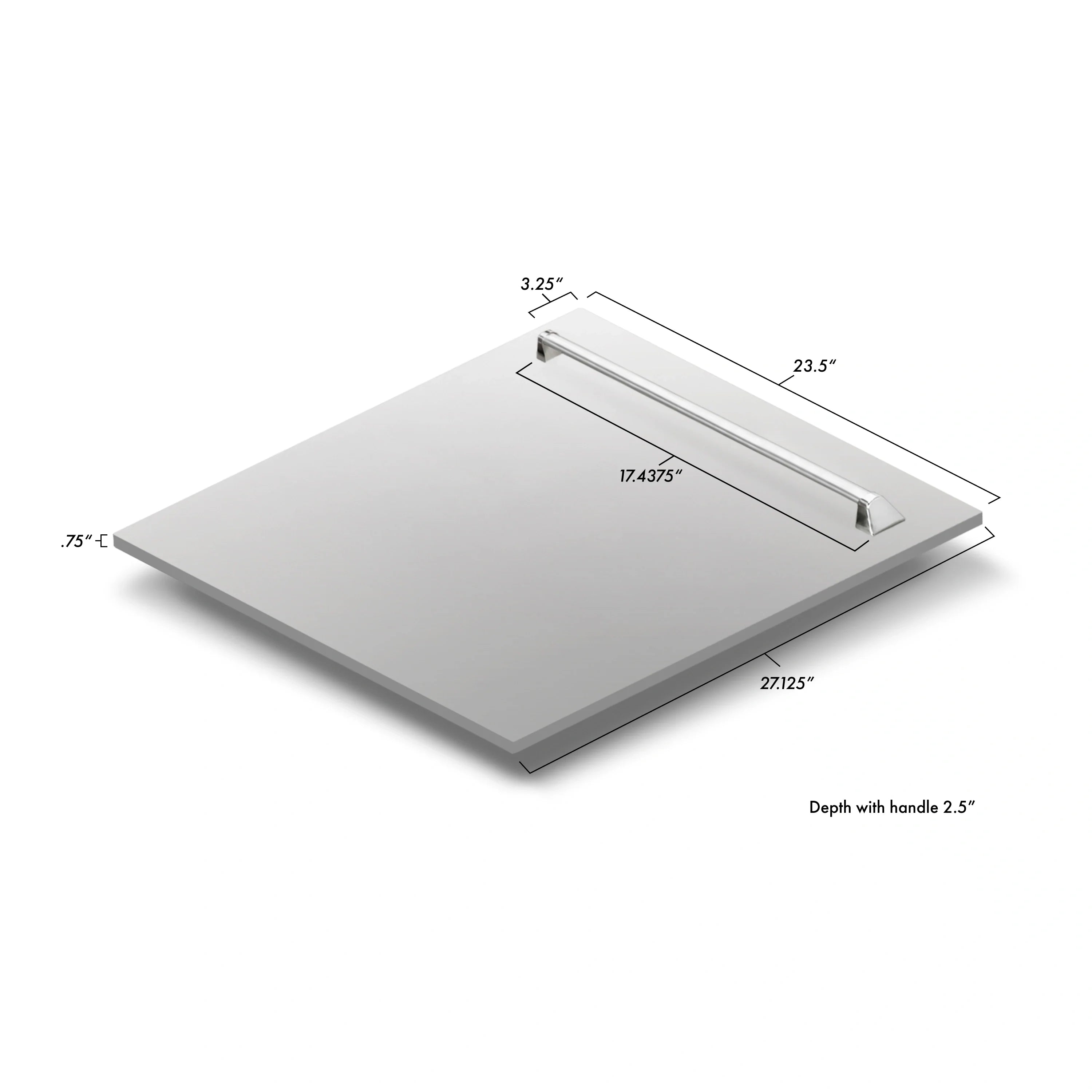 Stainless steel dishwasher door with front handle and depth measurements