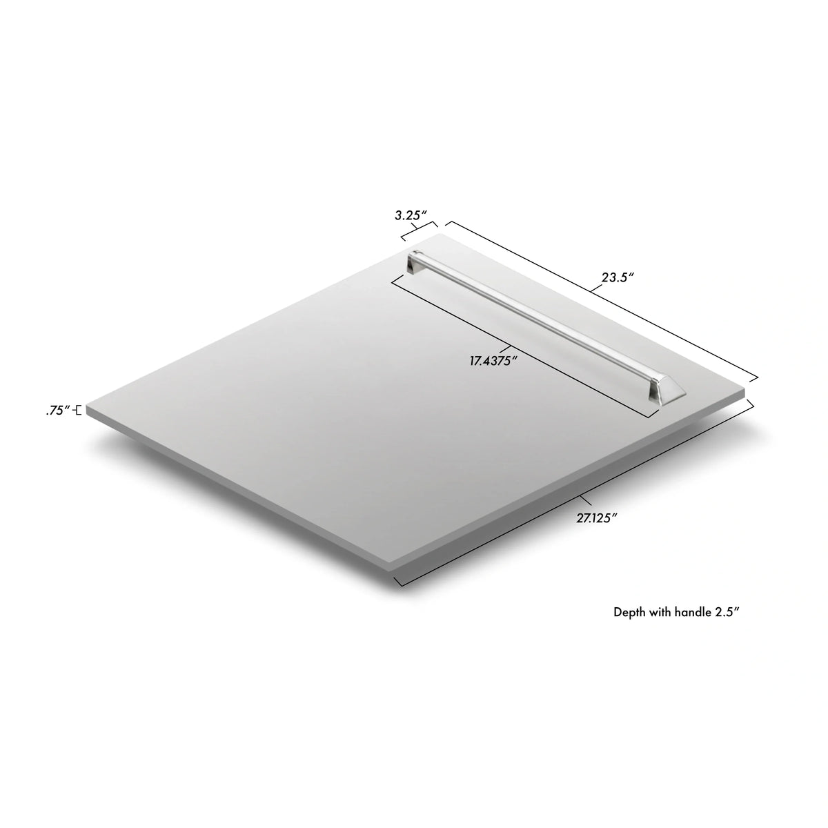 Convertible wall mount hood with handle and size dimensions diagram