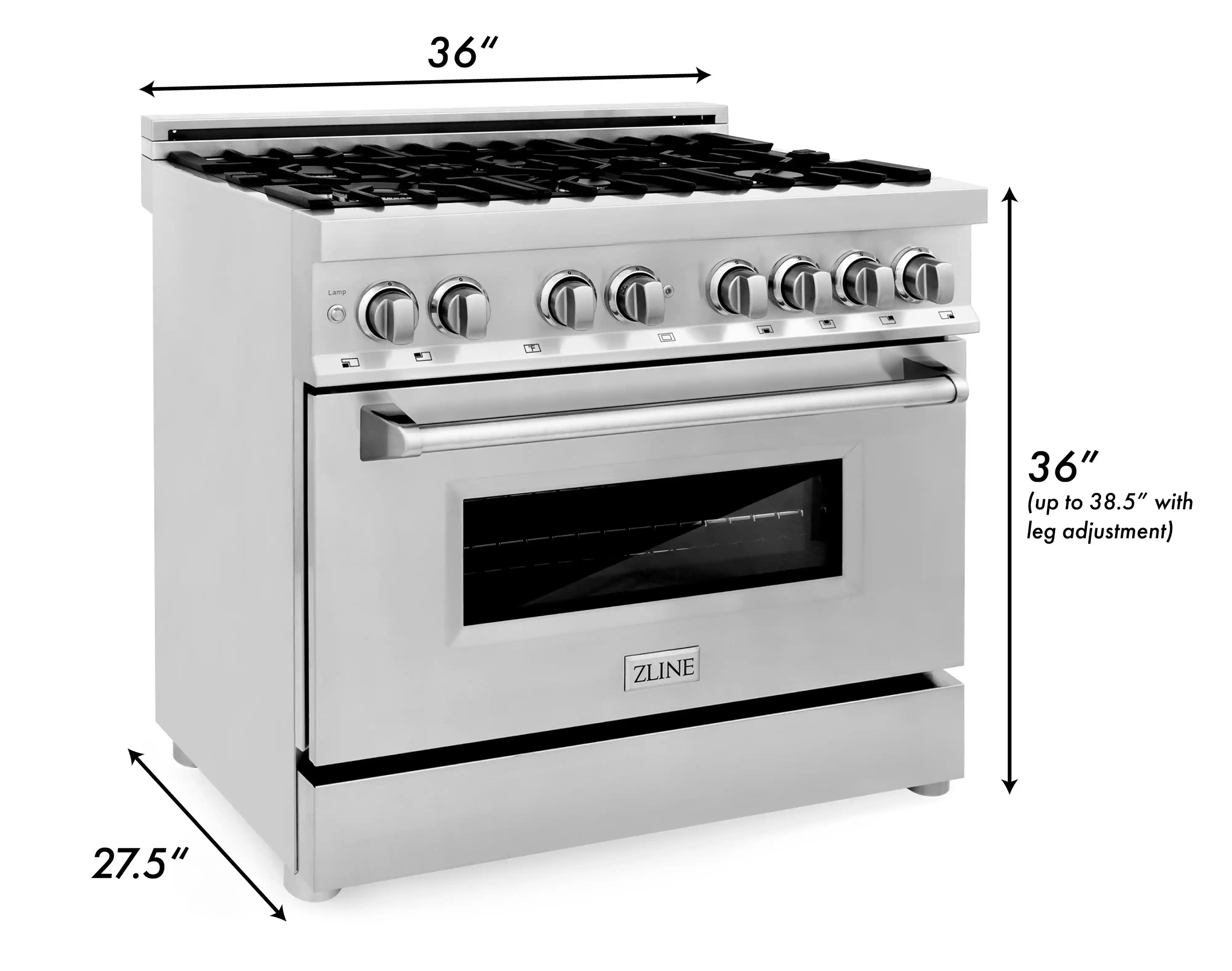 Stainless dual fuel range with six gas burners, oven door, and control knobs.