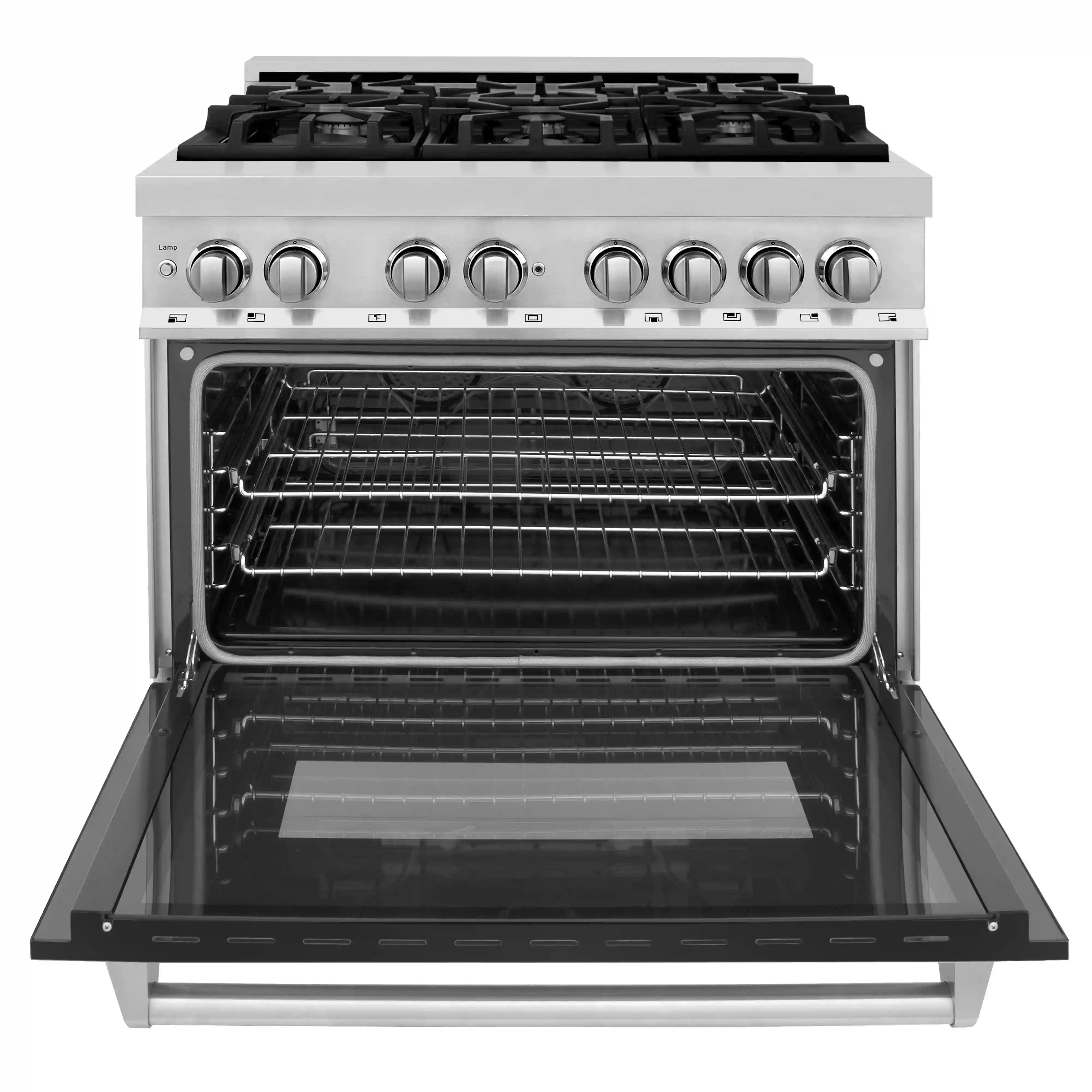 Range with oven door open, visible wire rack and dark oven cavity