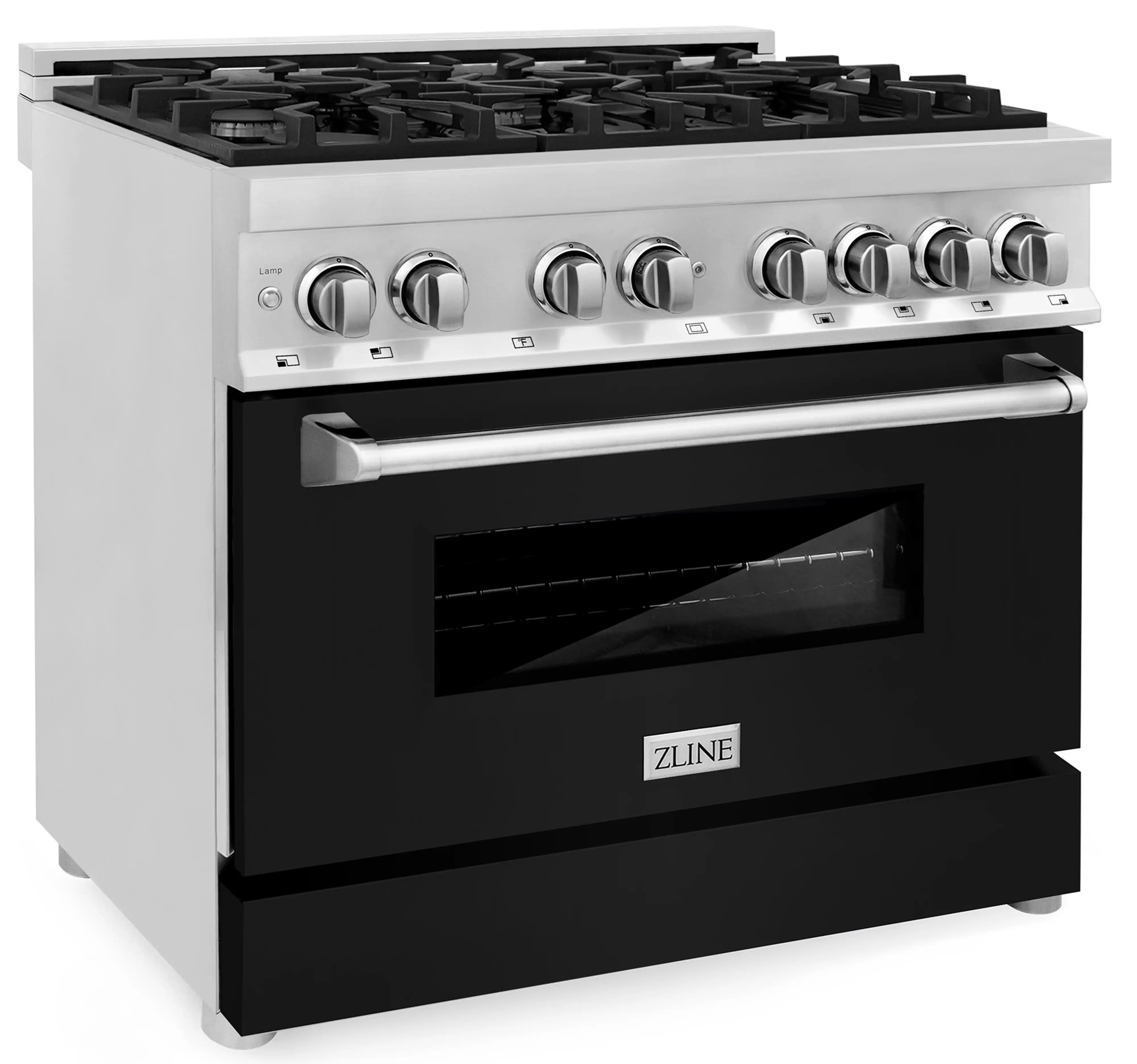 Cooktop range with brushed metal control panel and matte black oven door
