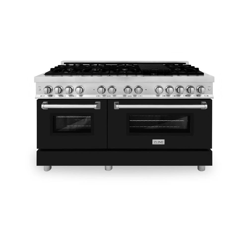 ZLINE dual fuel range with stainless control panel, black matte doors, and 9 gas burners