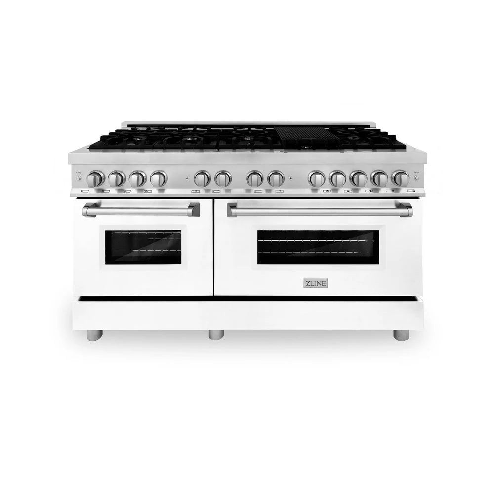 White matte and stainless dual fuel range with black cooktop burners and double ovens