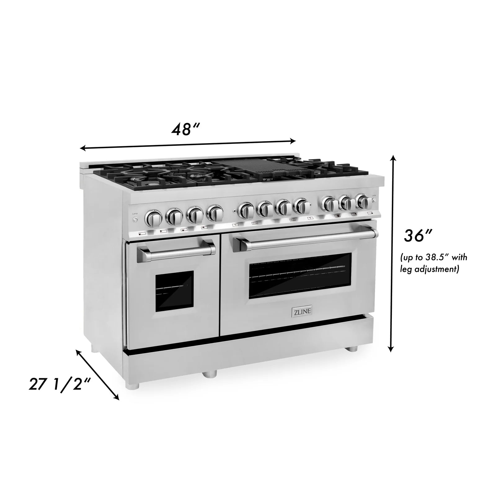 48-inch stainless steel dual fuel range; 36-inch height (dimension view)