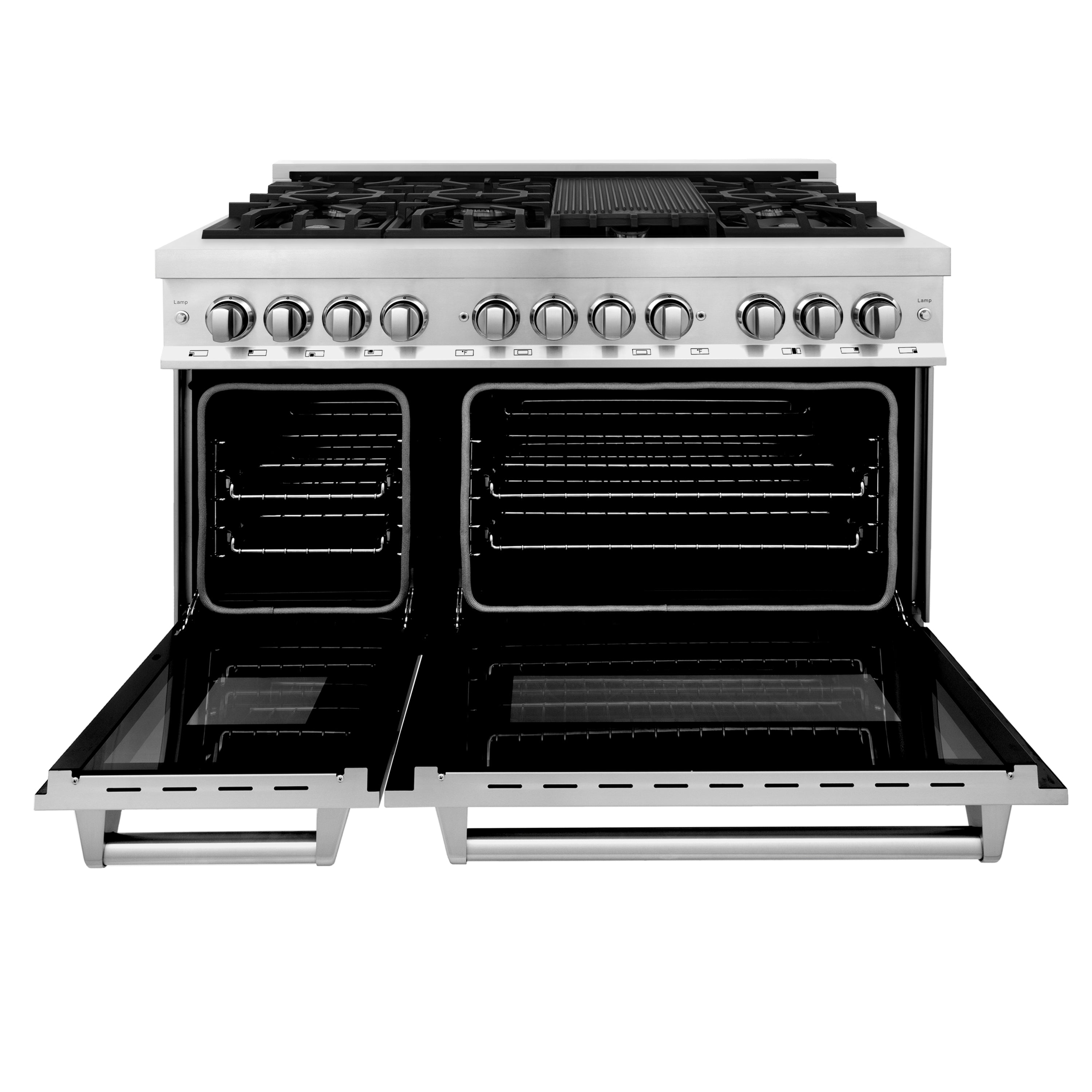 Stainless steel dual fuel range with open ovens showing racks and interior grates