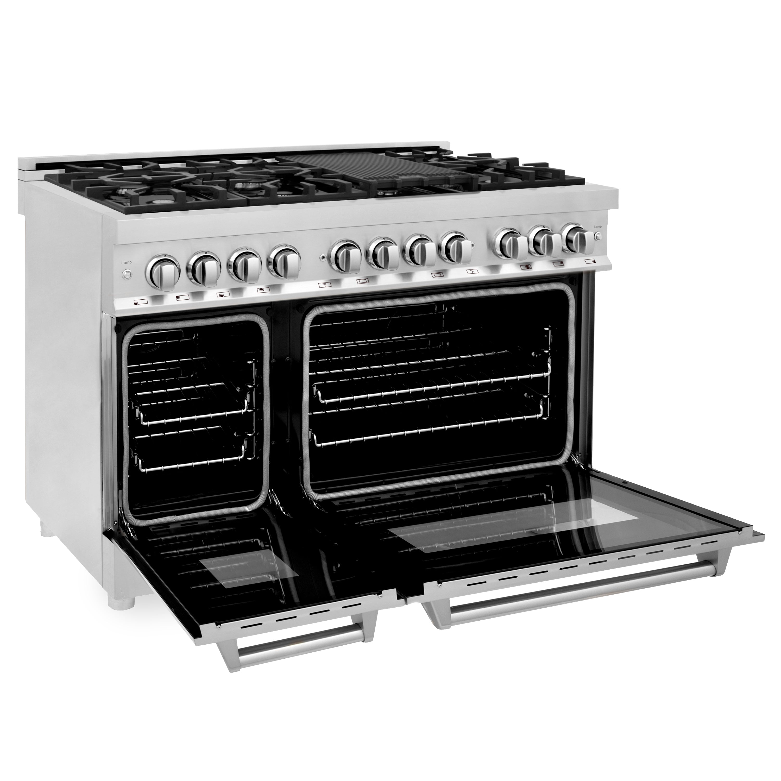 Stainless steel dual fuel range with both ovens open and flat grill/door extensions