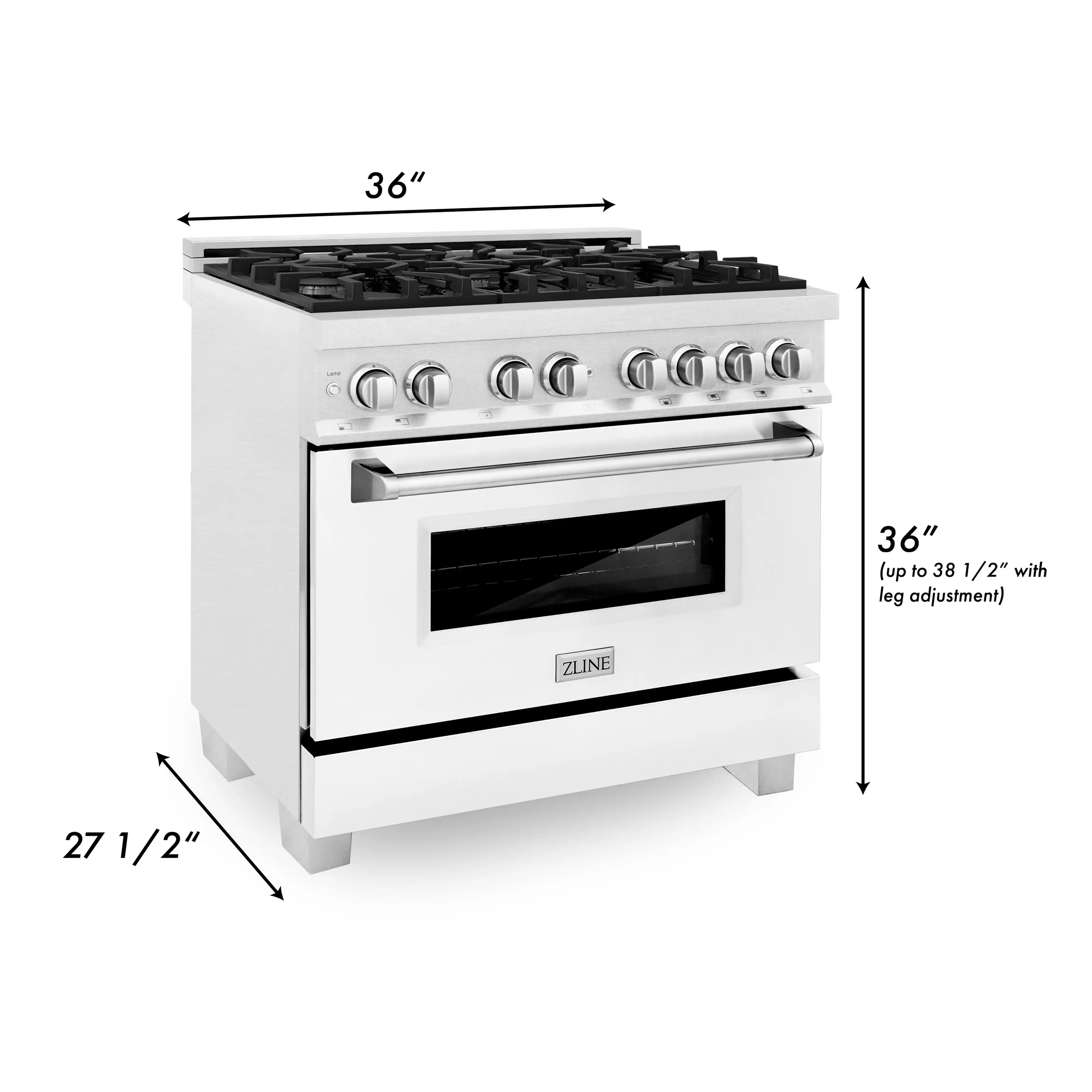 36-inch white dual fuel range with black burner grates and oven window, with dimensions