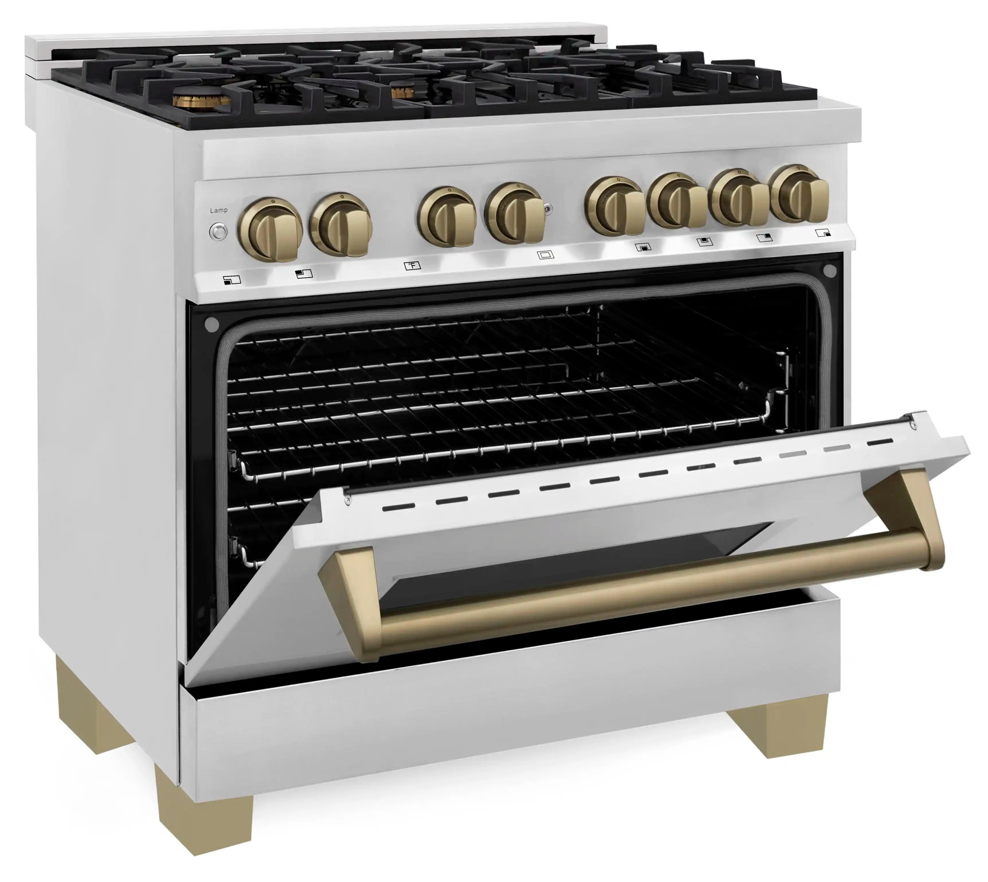 Dual fuel range with oven door open and champagne bronze oven handle