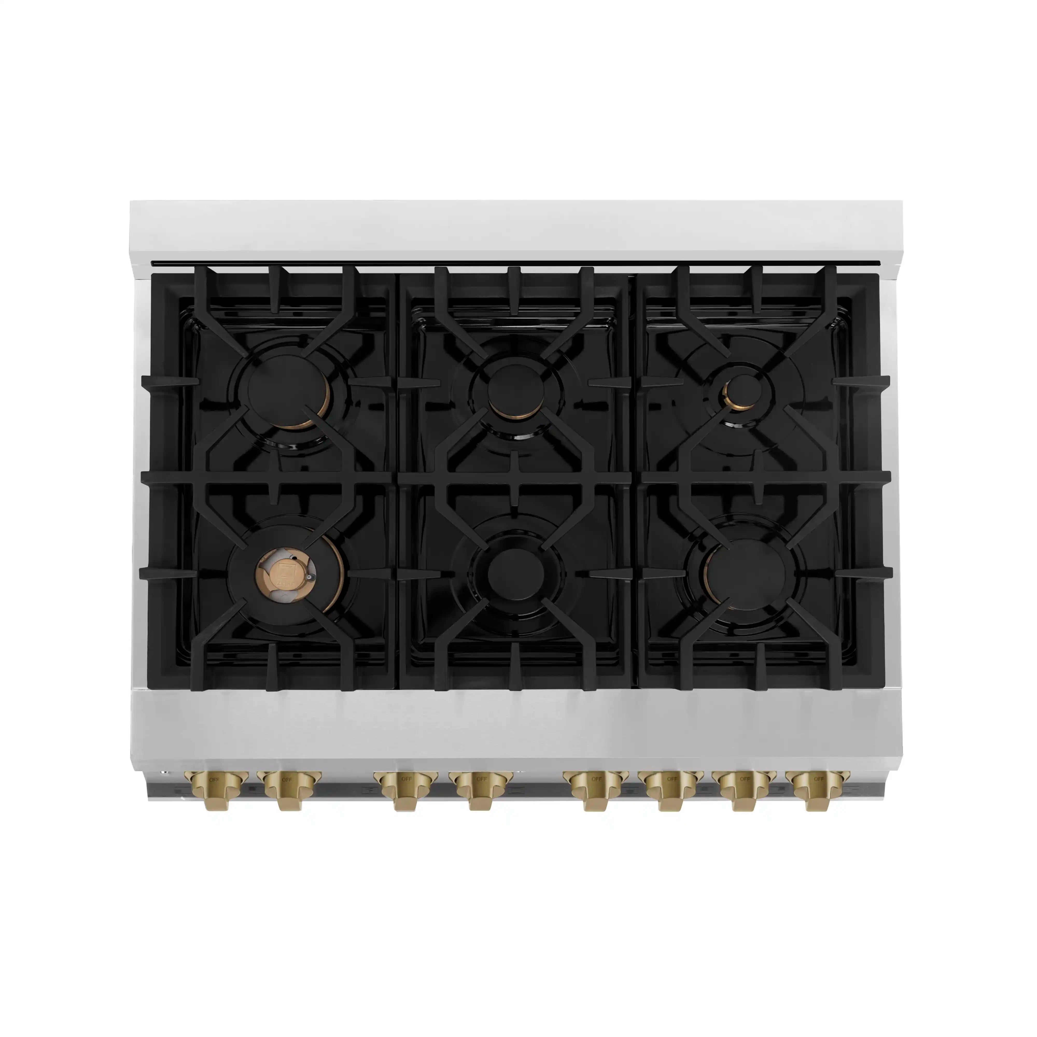 Cooktop burner grates with six burners and dark burner bases