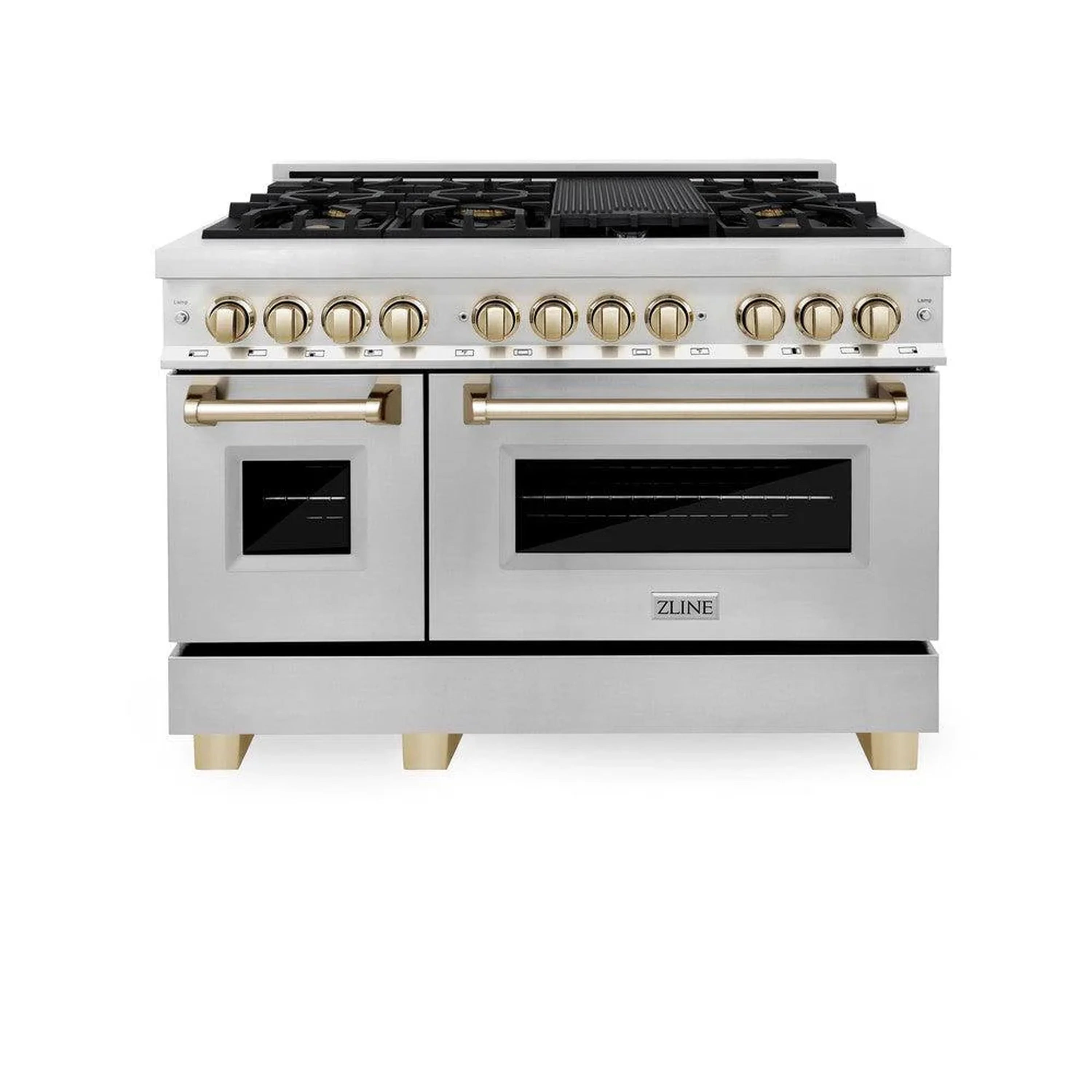 Stainless steel dual fuel range with gold knobs, gas burners, and two oven doors