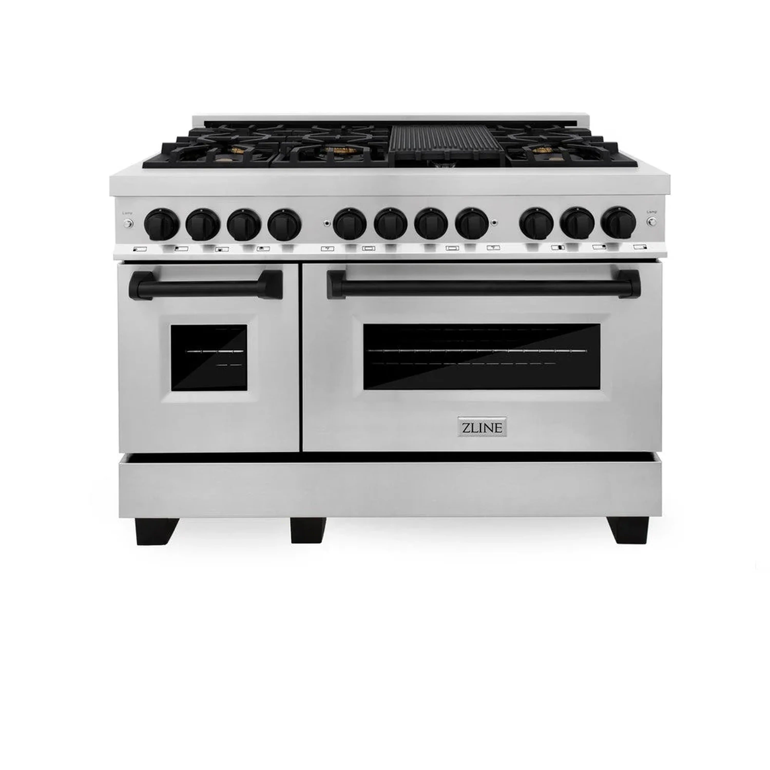 Stainless steel dual fuel range front view with black cooktop and two ovens