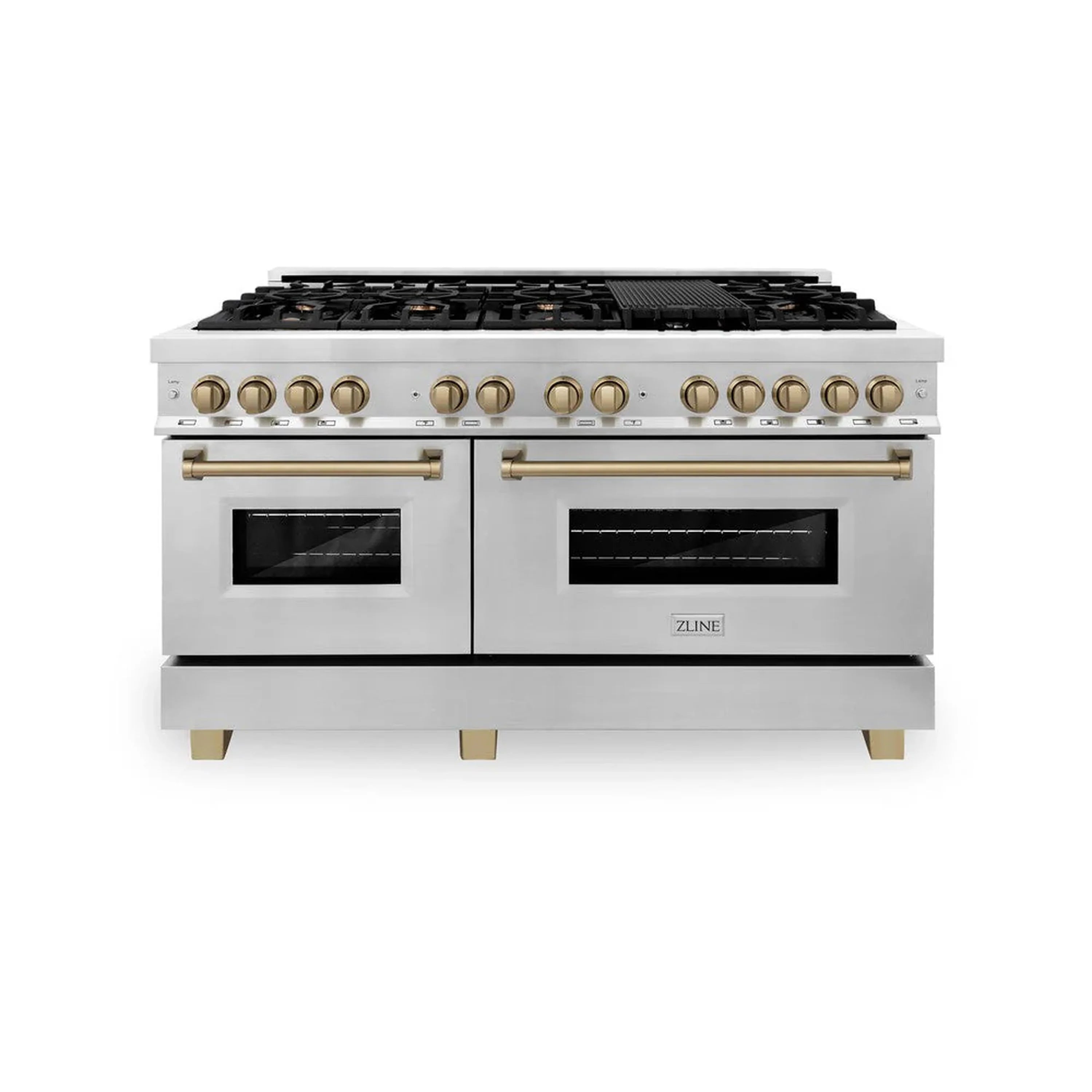 Stainless dual-fuel range front with gas burners, champagne-bronze knobs, and two oven doors