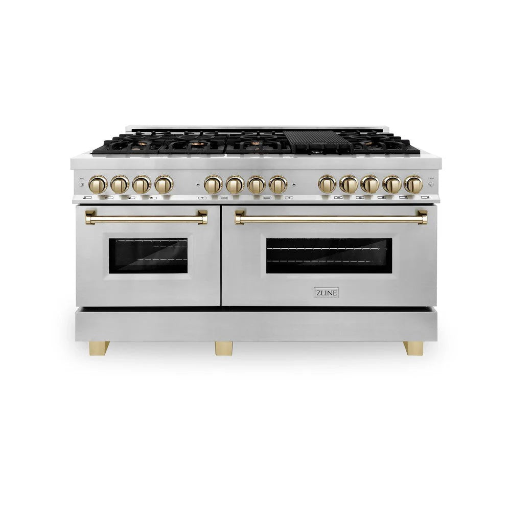 Stainless steel dual fuel range with gold control knobs and two black oven windows