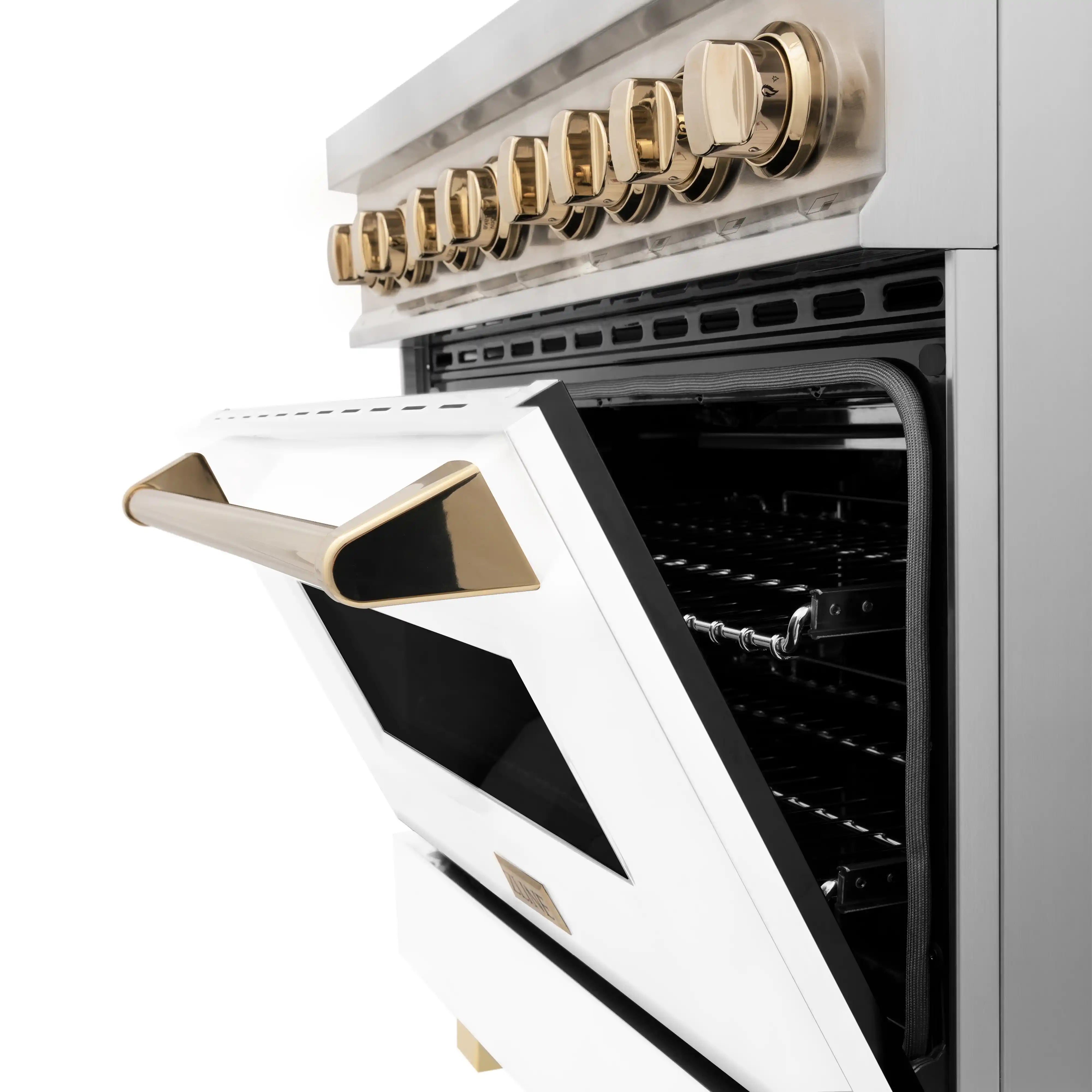 Dual fuel range open oven door with black interior and gold control hardware