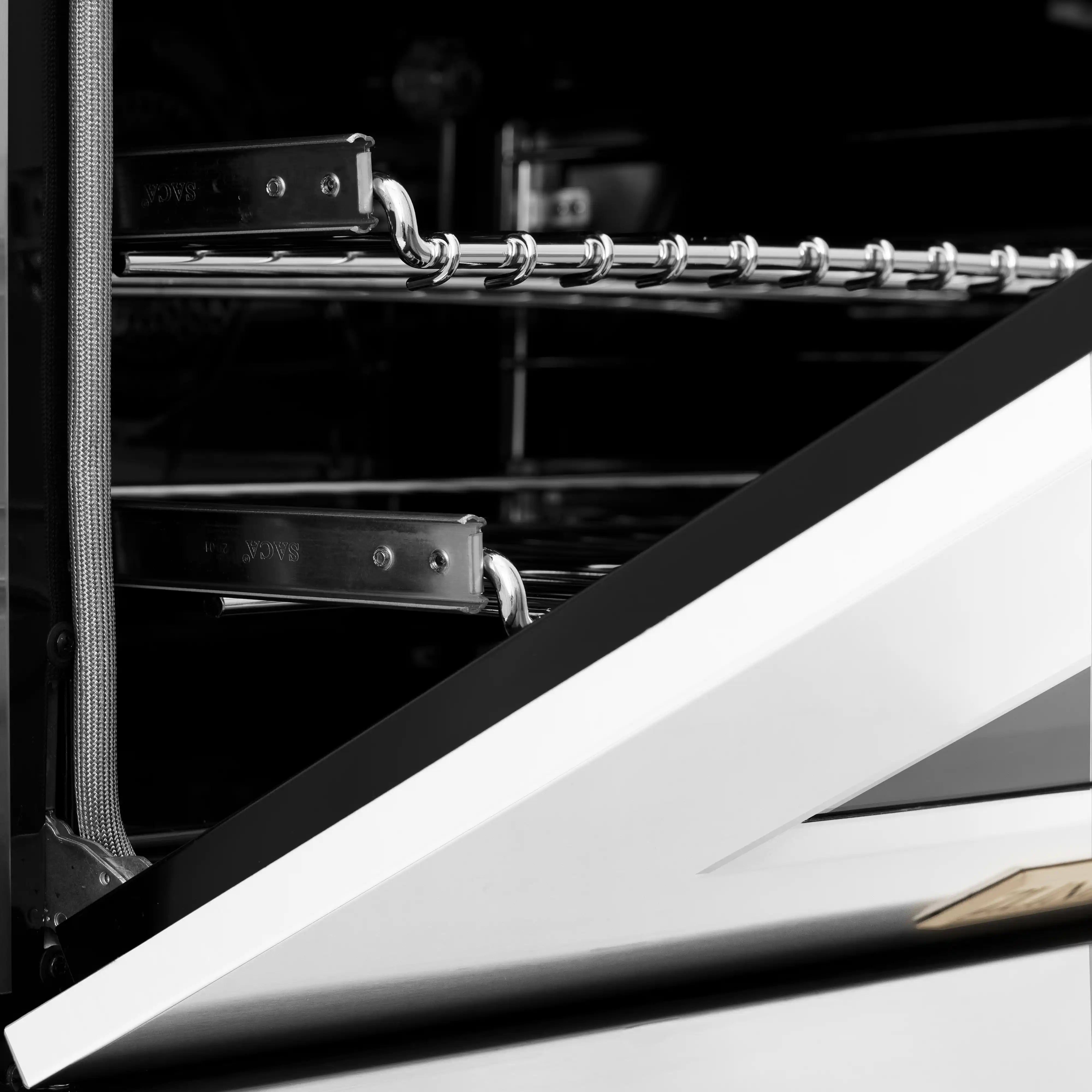 Dual fuel range oven interior with black rack and chrome rail supports