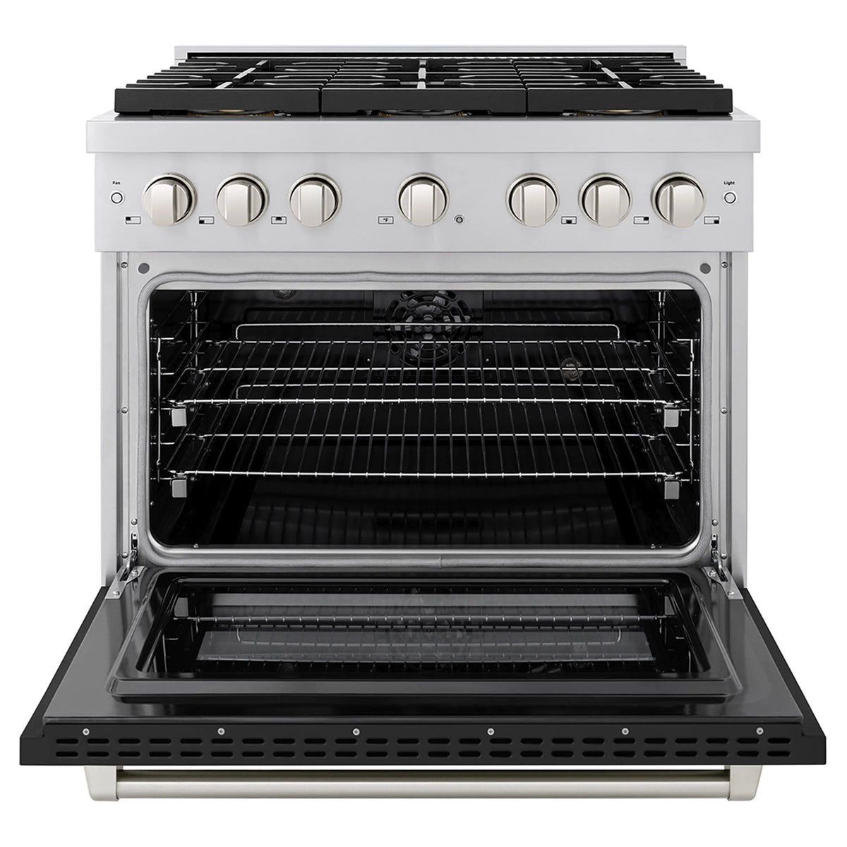 Dual fuel range with open oven door and wire rack inside