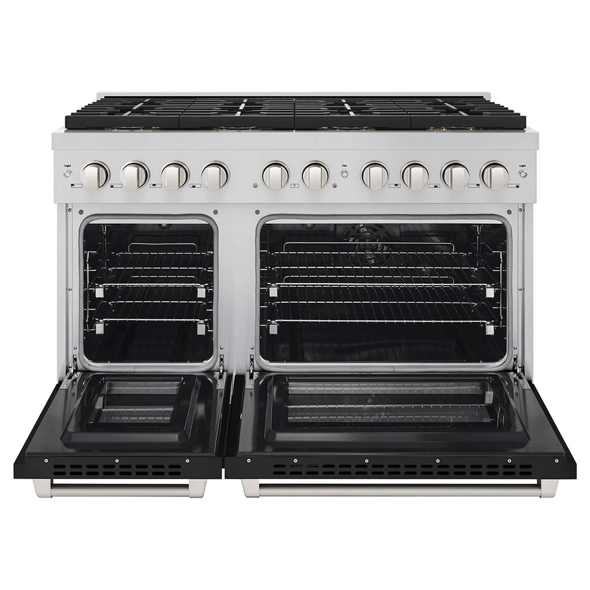 Dual-fuel range with both ovens open, showing racks and interior fan housing