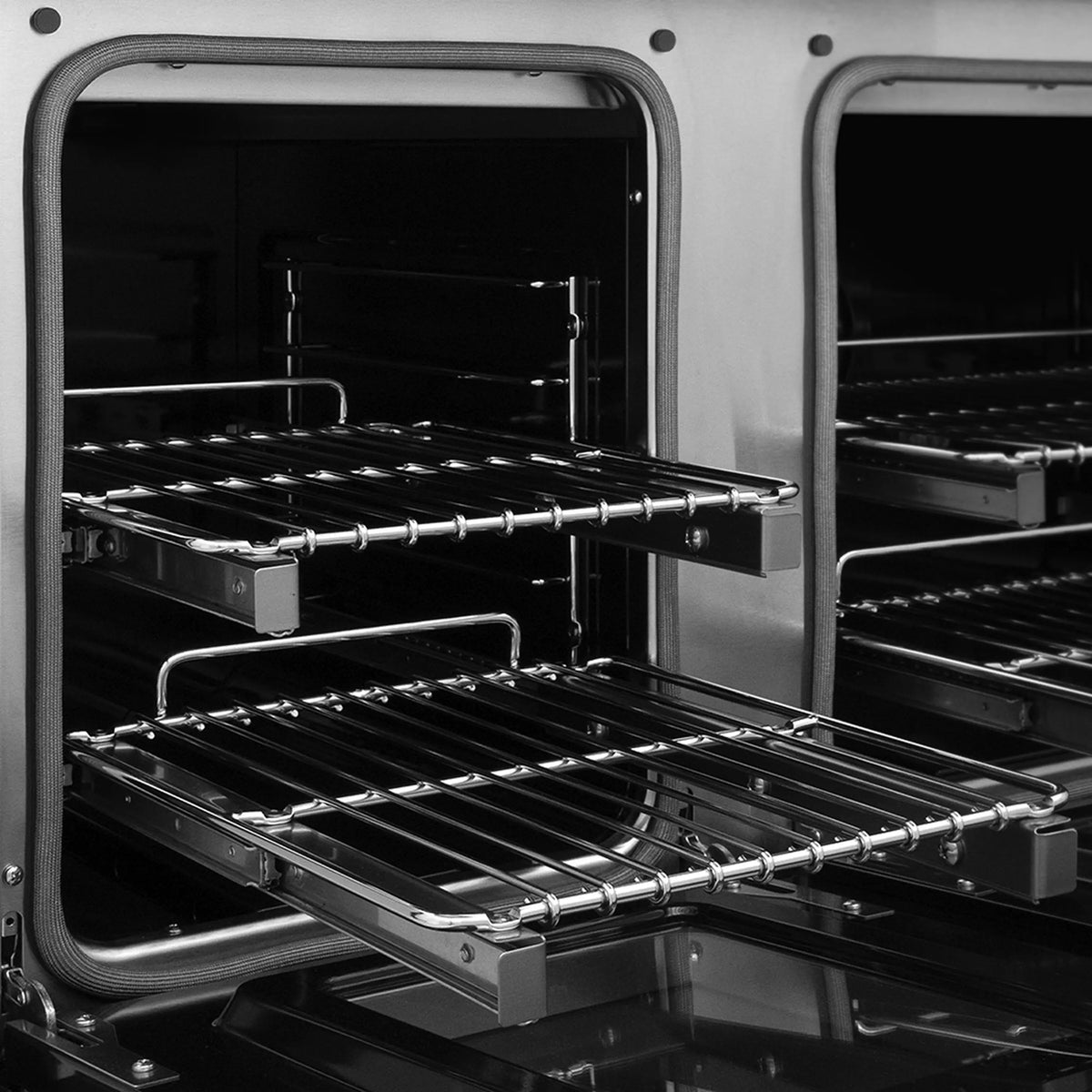 Open oven cavity with two racks and bake surfaces on a dual-fuel range