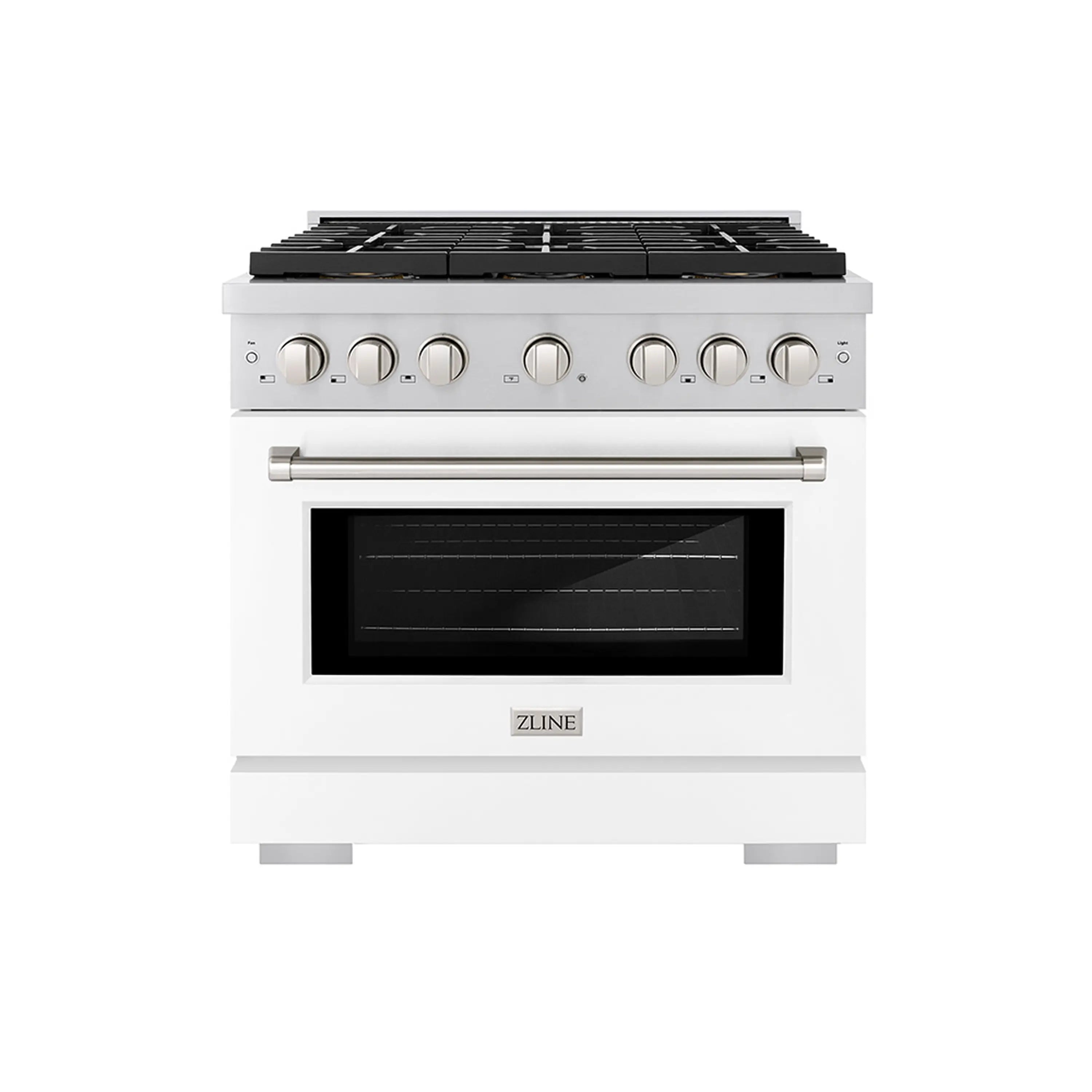 White dual fuel range with control knobs and matte oven door