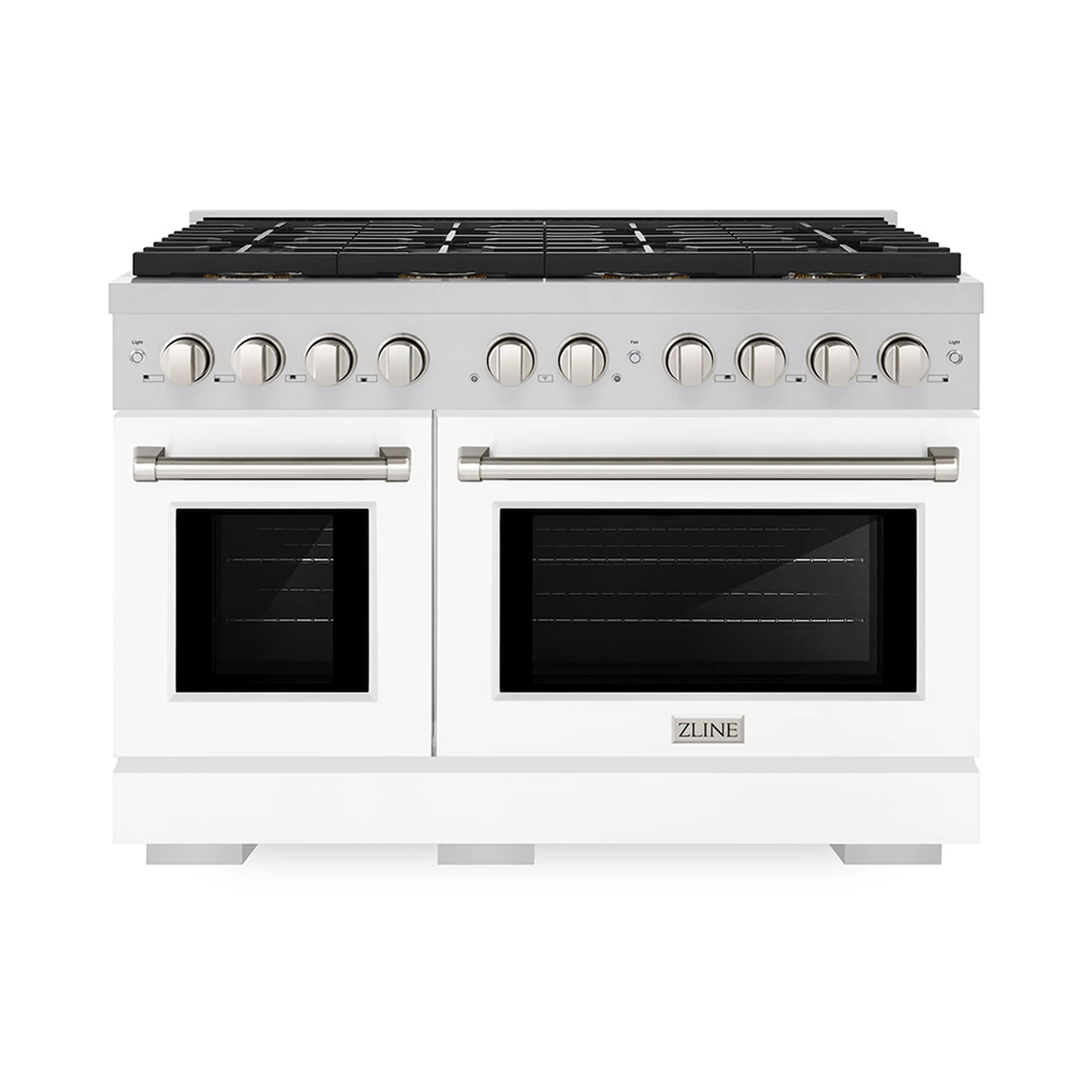 White dual fuel range front with round control knobs and dual oven doors