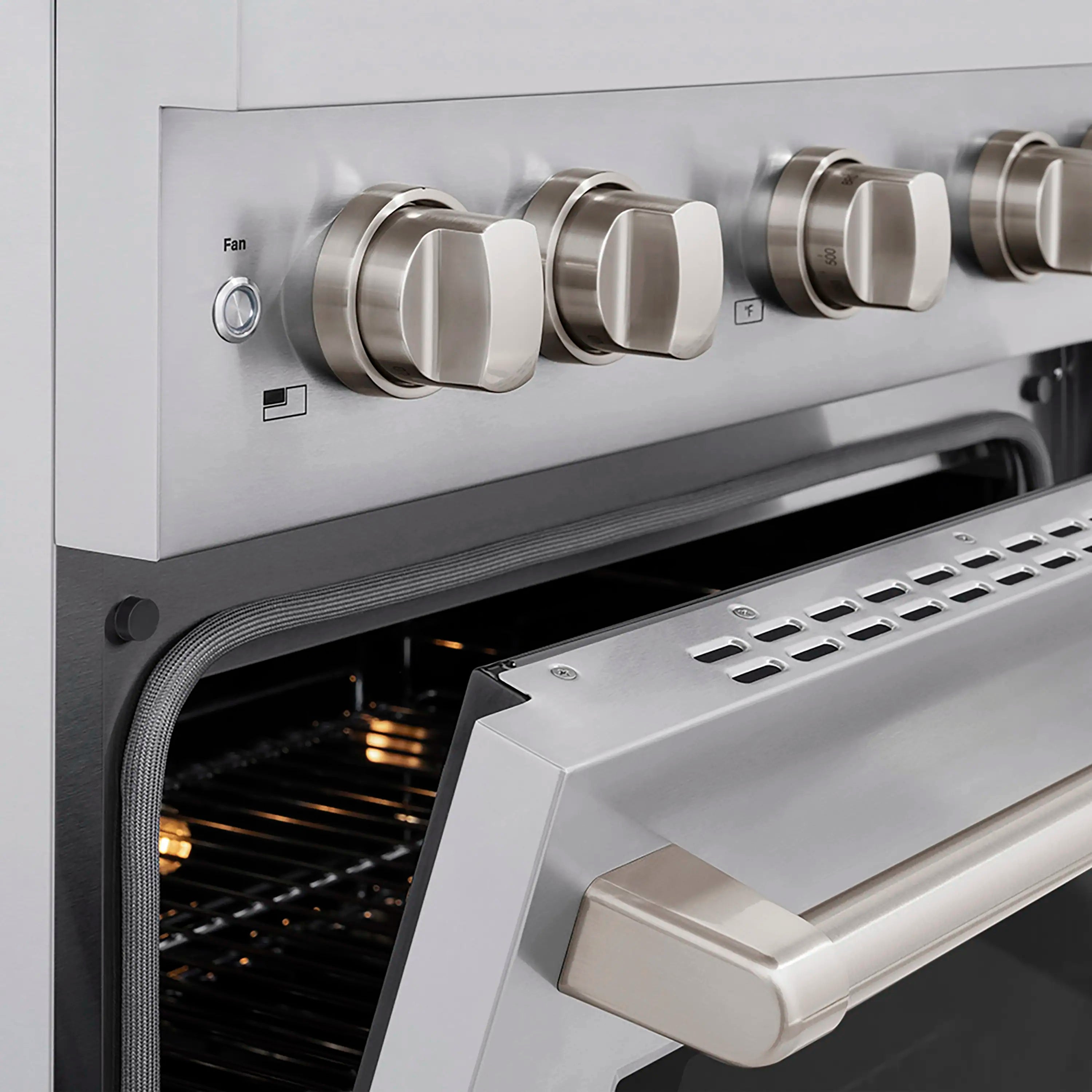 Stainless range with open oven and front knob panel above