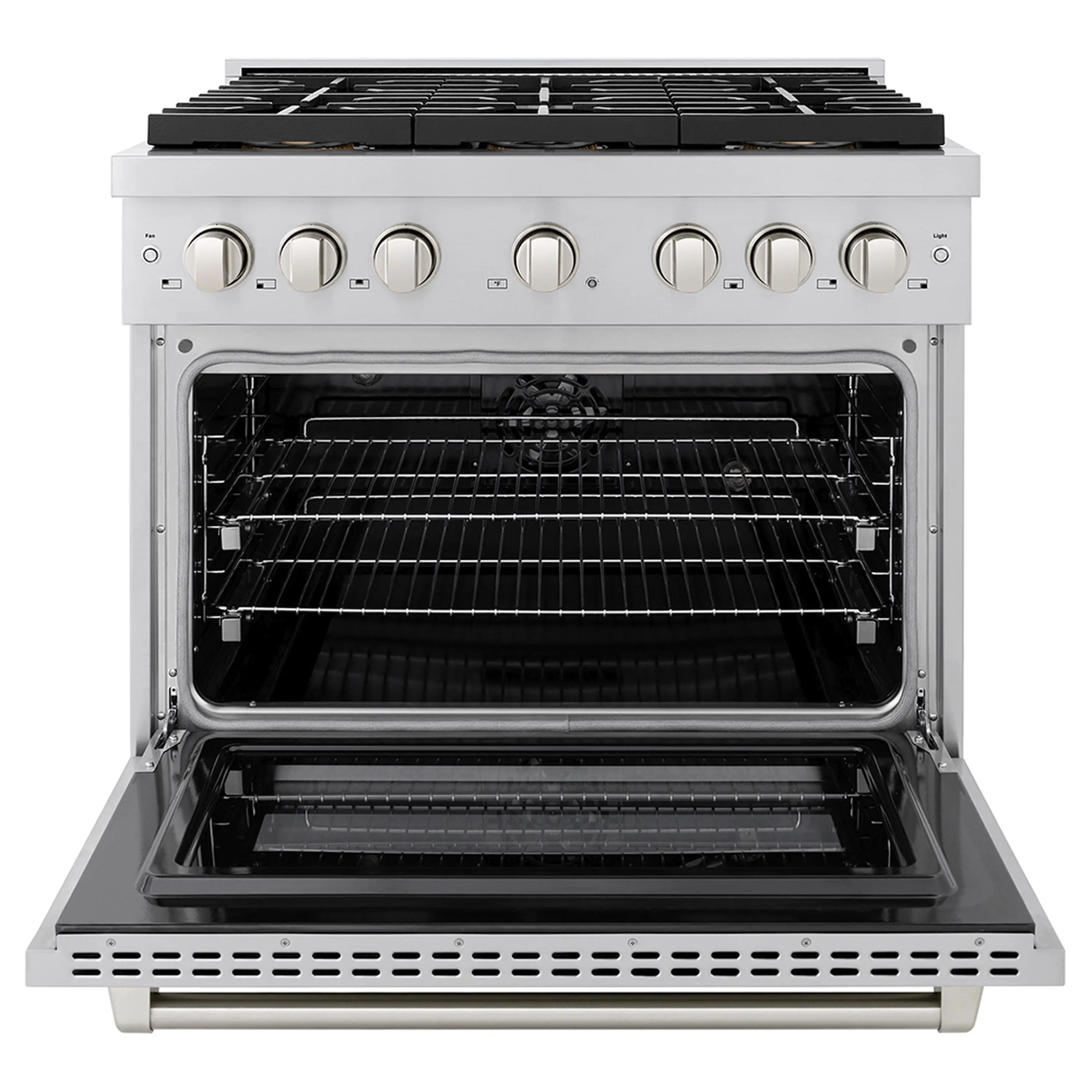 Stainless steel range with open oven door and removable cooking racks
