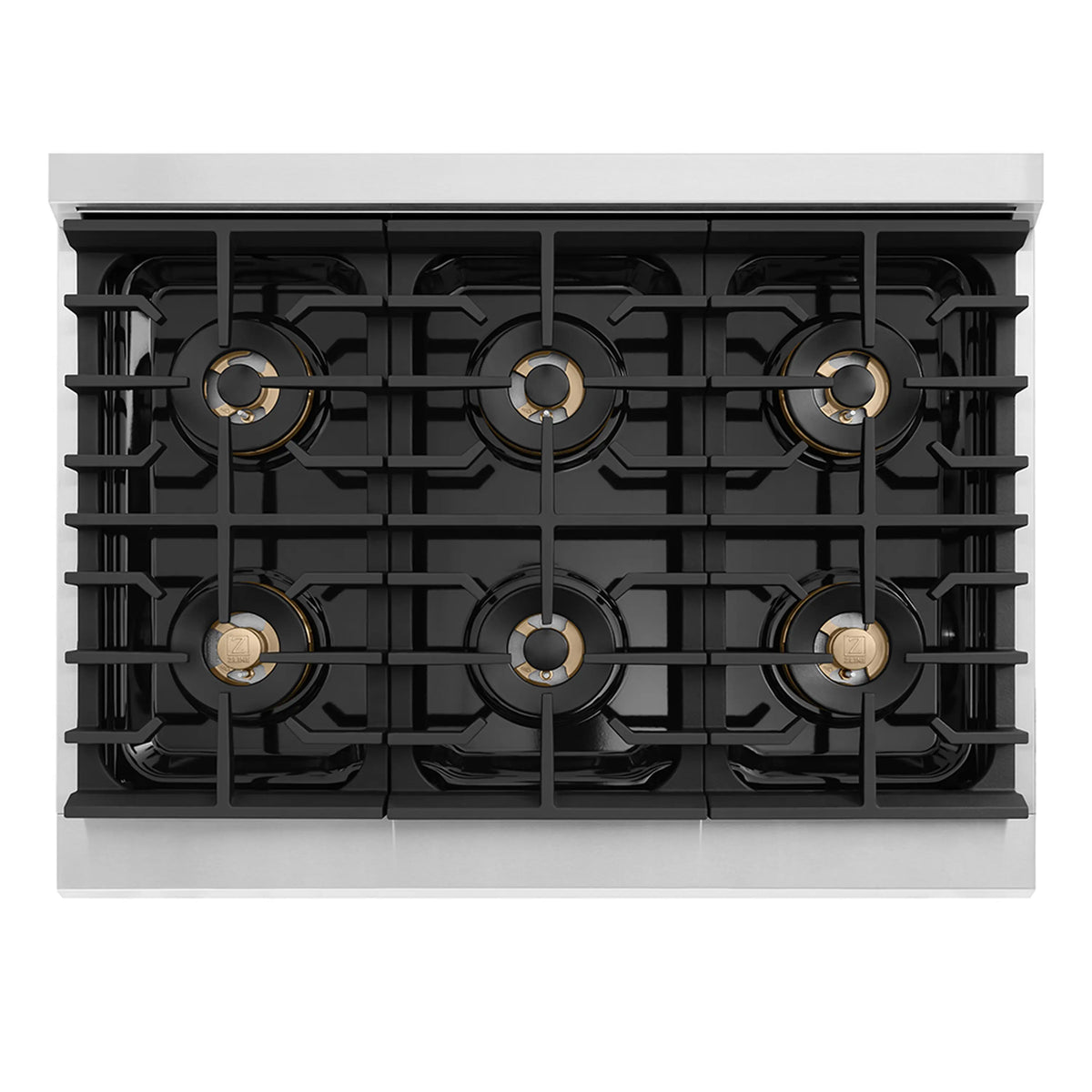 Six-burner stainless steel cooktop with round burner caps