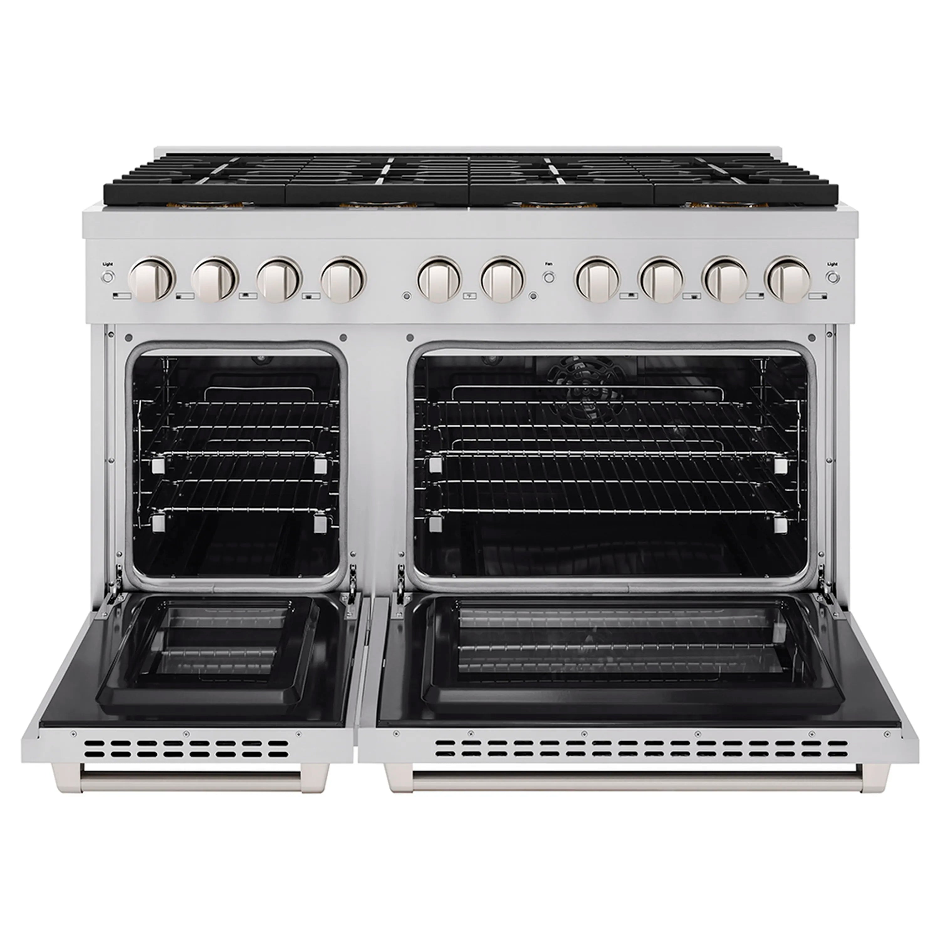 Stainless dual-oven range with both oven doors open and baking racks visible