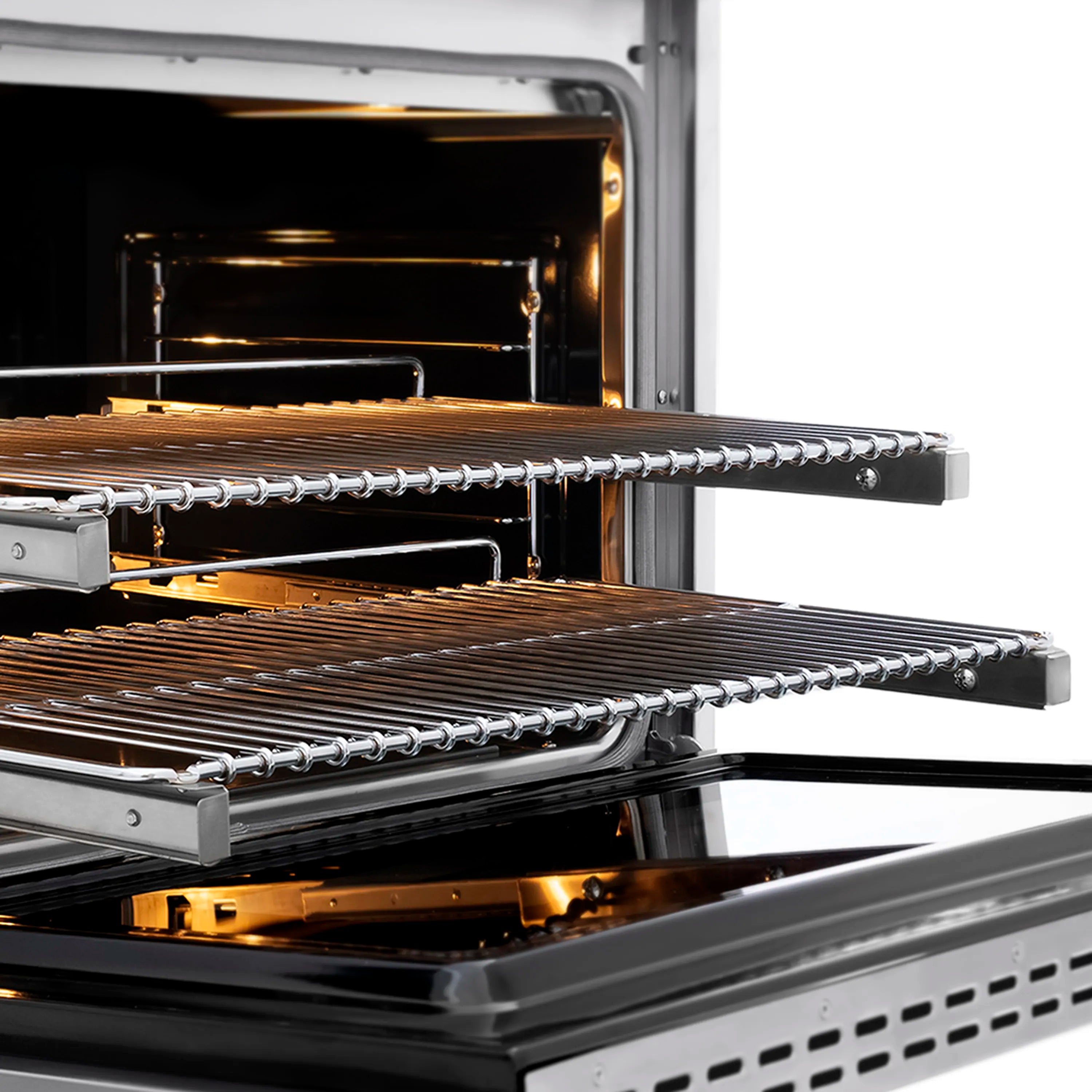 Electric convection oven with wire racks and glowing heating element inside