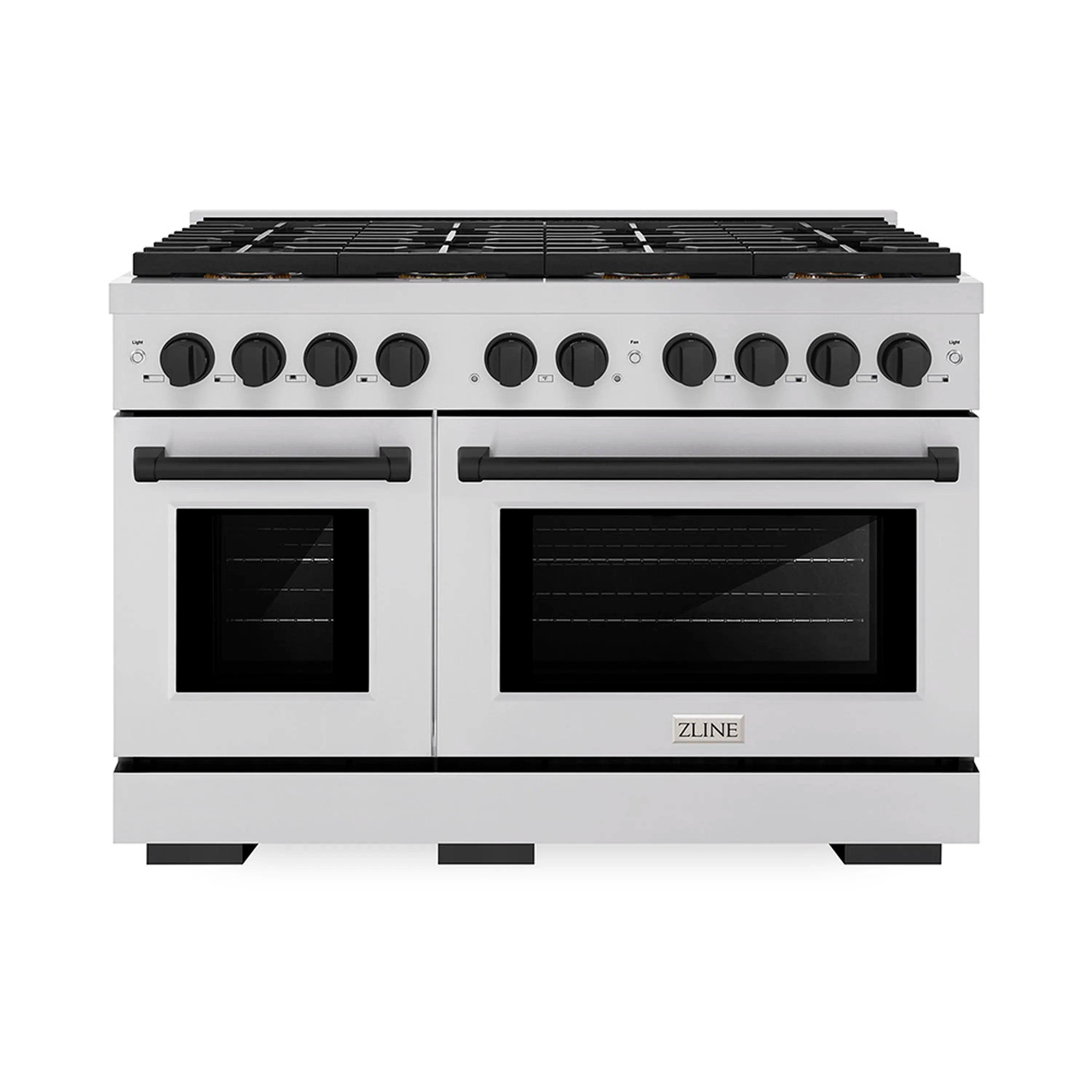 Stainless dual fuel range front view with black cooktop grates and two glass oven doors